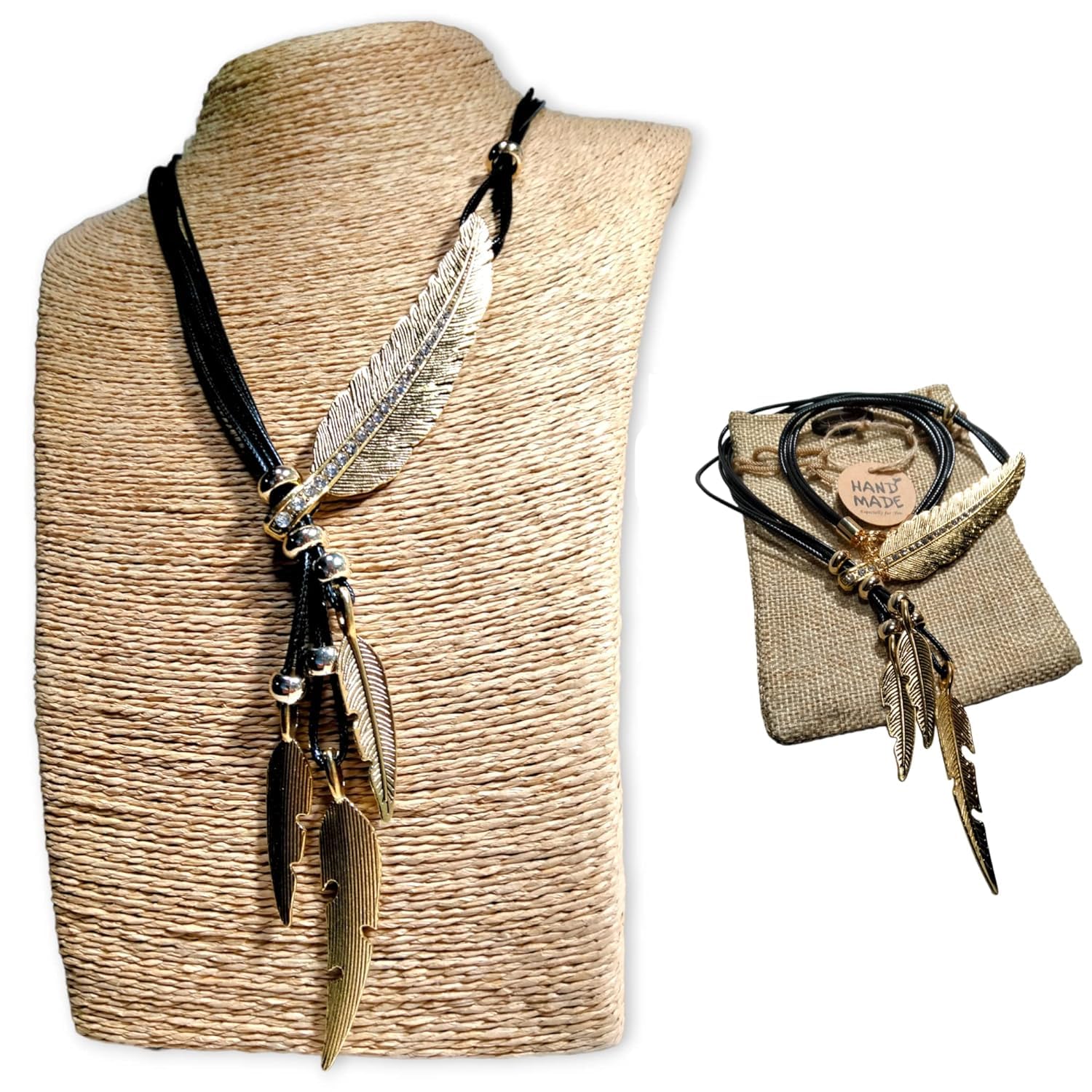 WORLD GOBLINS Collar Estilo Bohemio para Mujer con Patrón de Hoja y Pluma. Joyería Fina. Collares llamativos | Colgante Étnico Hecho a Mano en España. Regalo Original (CUERO NEGRO)