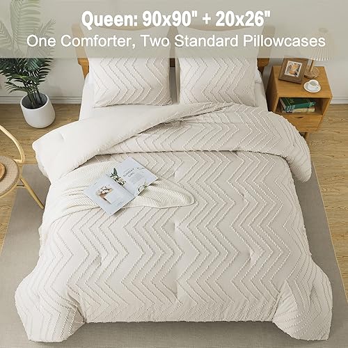 Miniatura 8 de Litanika Juego de edredón tamaño Queen color beige, juego de edredón bohemio de 3 piezas con cheurón copetudo, juego de cama para todas las