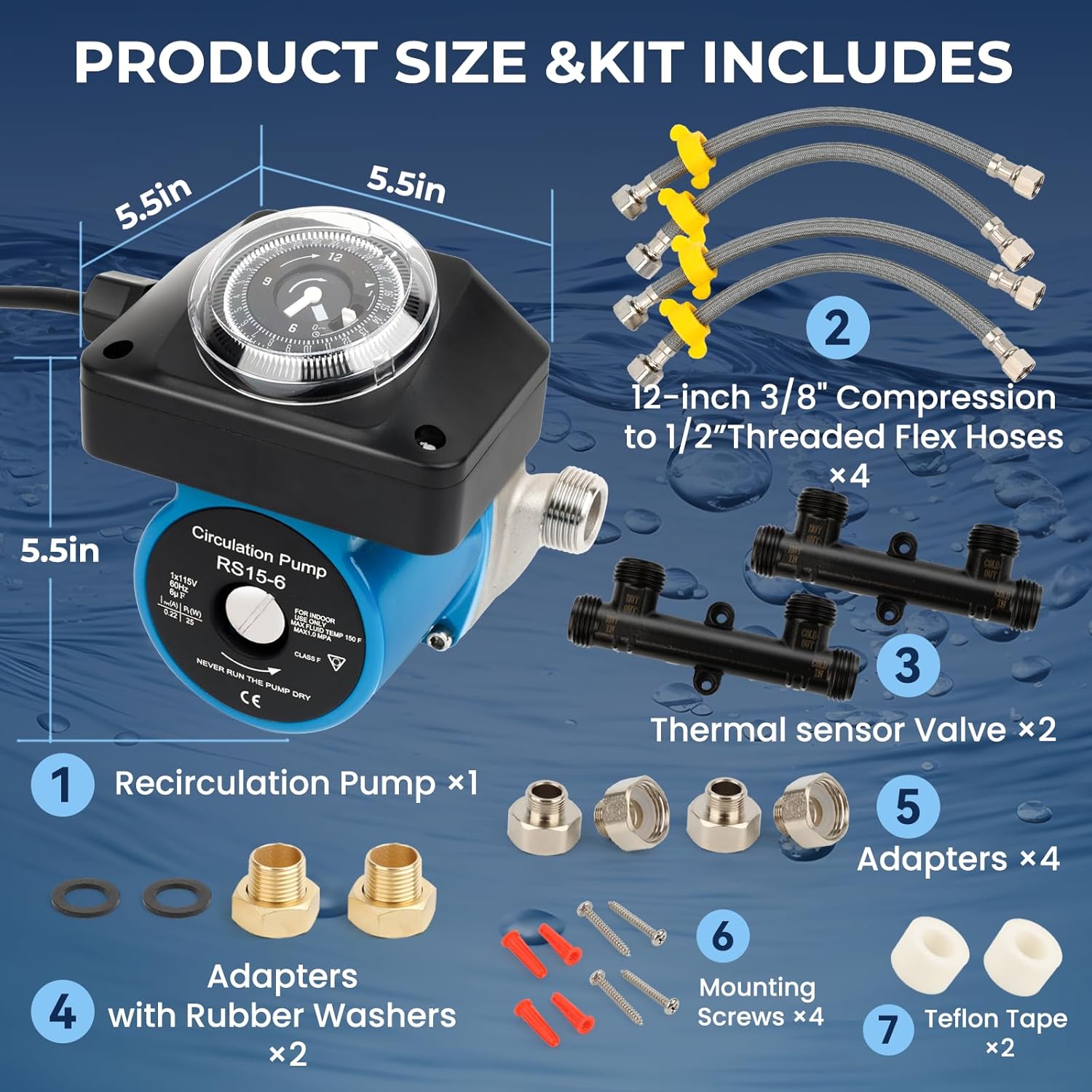 Hot Water Recirculating Pump Kit for Tank Water Heaters – Programmable Timer, Two Upgraded Brass Bypass Sensor Valves, 4-Line Configuration, Easy DIY Installation 0955805,595916