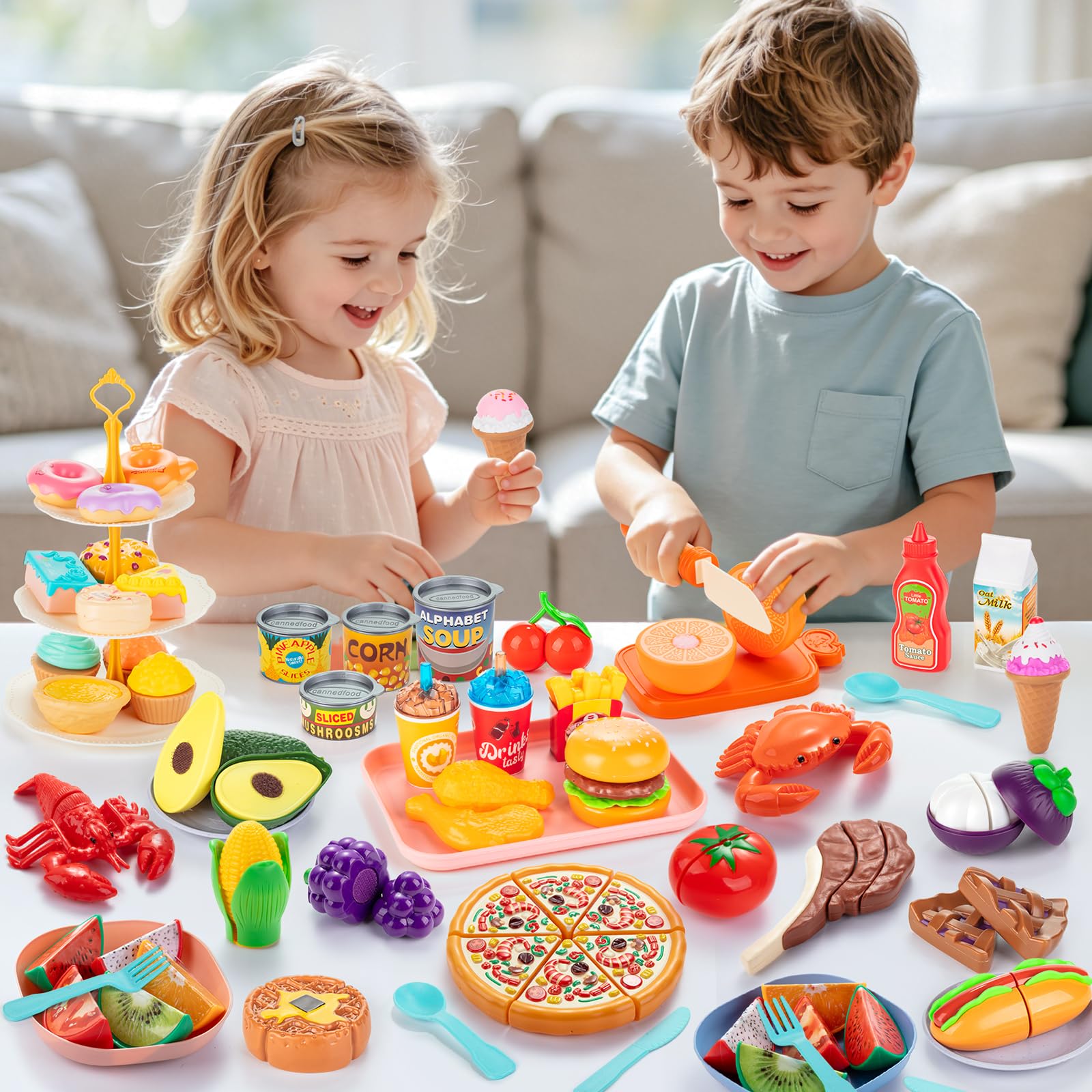 EFOSHM 68-Pièces Cuisine Enfant, Dinette Enfant, Cuisine Exterieure avec Support à Desserts, Jouets Alimentaires Découpables : Pizza, Fruits, Légumes – Cadeau pour Filles et Garçons de 3 à 7 Ans