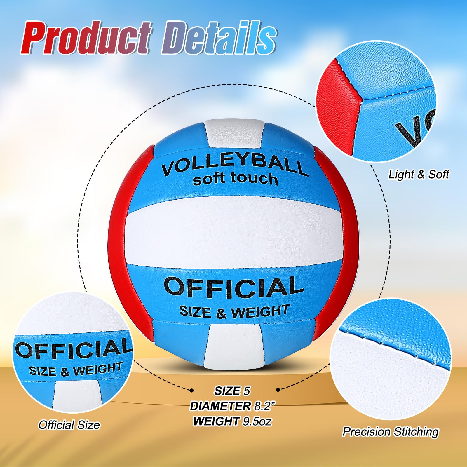 Lenwen Lot de 2 ballons de volleyball officiels de taille 5 pour intérieur et extérieur, imperméables et souples, pour jeux de plage, jeux, gym, entraînement (avec pompe) (bleu, rouge, blanc)