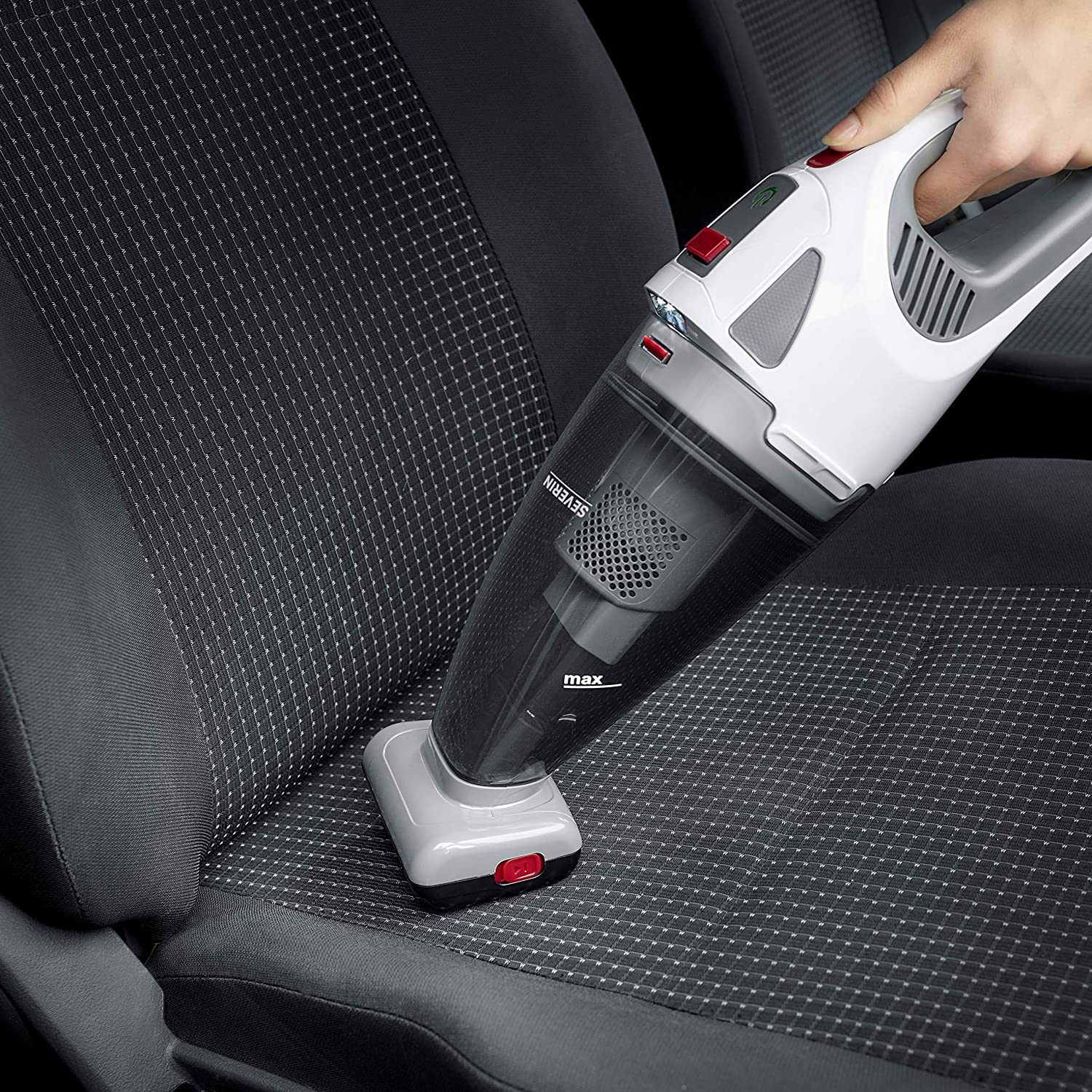 SEVERIN Aspiradora de mano 4 en 1 a batería, aspirador sin cable para coche, pelo de mascotas y líquidos, aspirador potente, hasta 30 minutos, blanco, gris y rojo, HV 7146