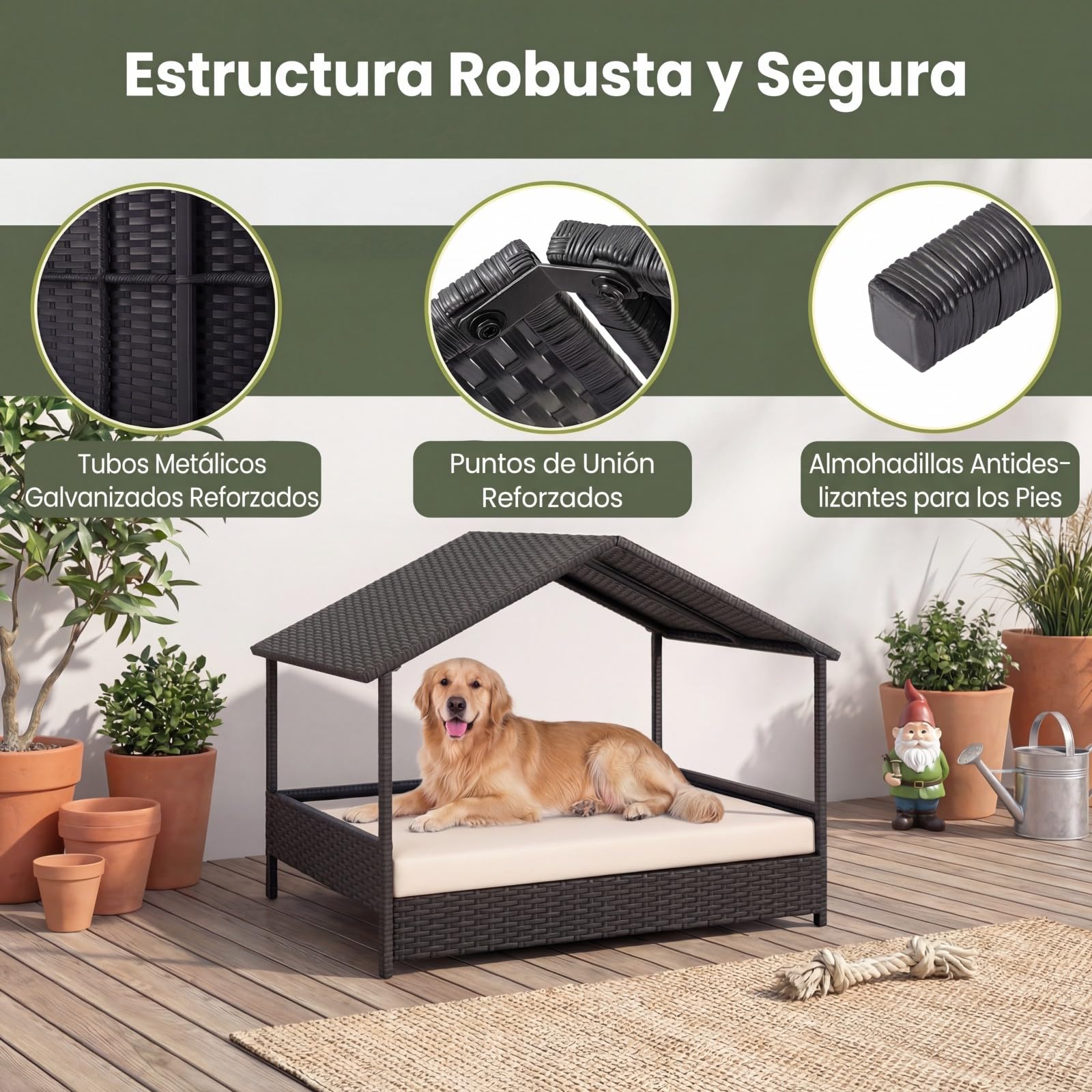 GYMAX Cama para Perro con Cojín, Caseta para Perro Exterior de Ratán PE con Techo Inclinado y Base Elevada, Ventilada e Impermeable, para Exterior e Interior, 98 x 68 x 74 CM (Beige)