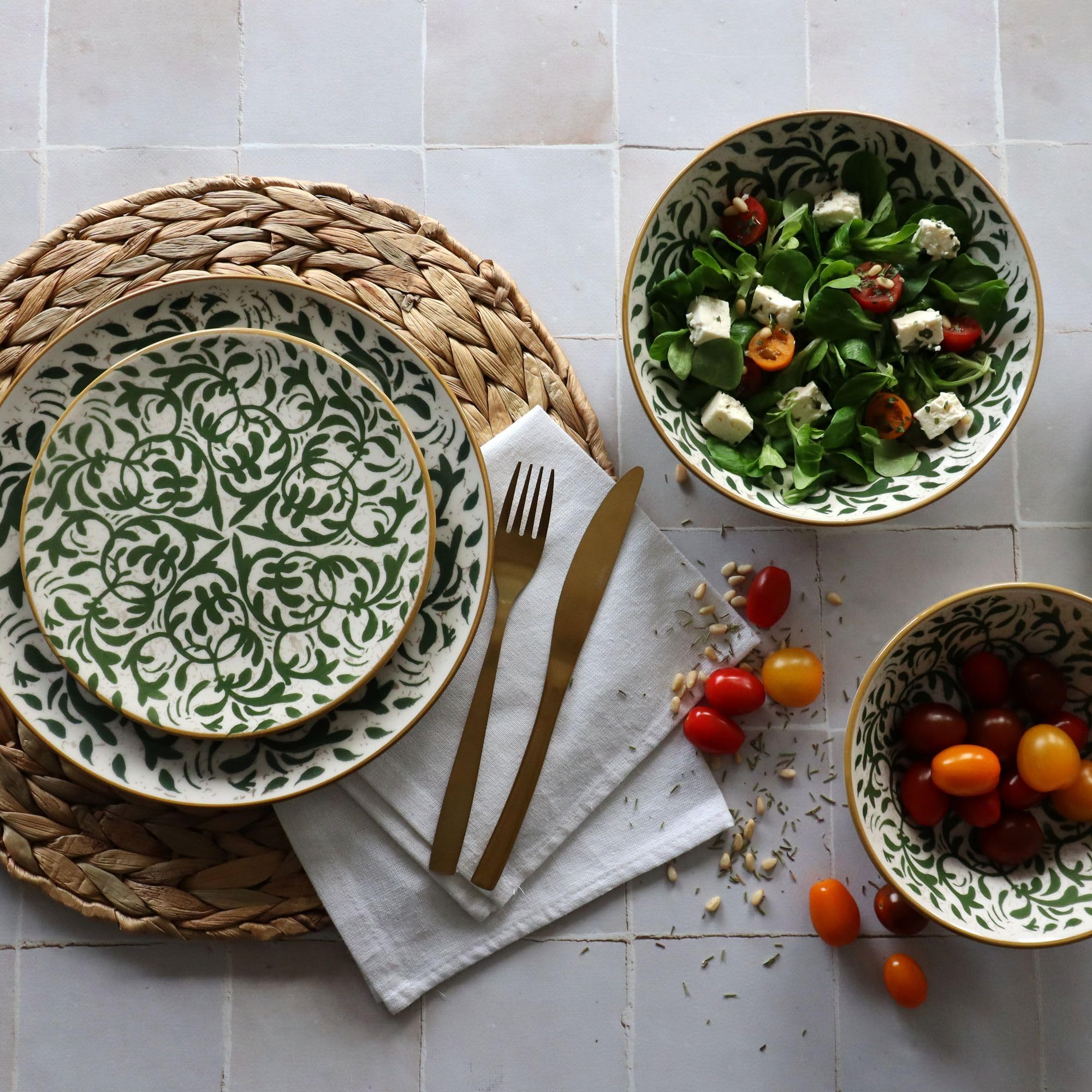 NOVASTYL 2614397 - Juego de 6 platos de postre heracado de 19 cm en gres (decoración verde)
