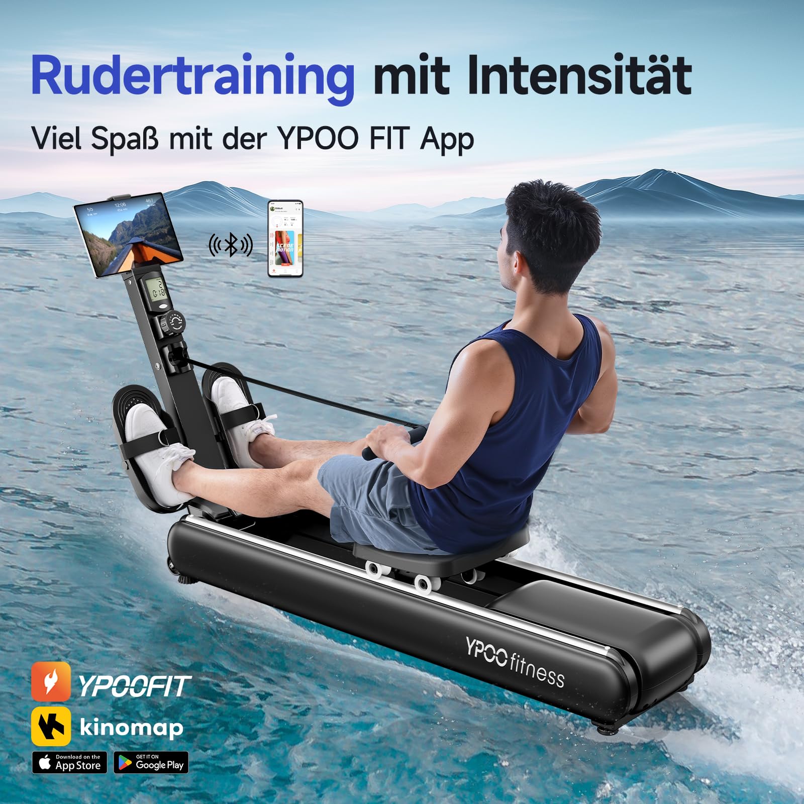 YPOO Rudergerät für Zuhause, Leises magnetisches Rudergerät, mit 16 Widerstandsstufen und doppelter Gleitschiene – Belastbarkeit bis 150 kg, mit LCD-Display, gepolstertem Sitz und App-Unterstützung