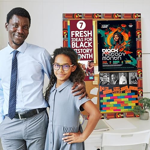 Miniatura 7 de nuyikaso Tablero de anuncios del mes de la historia negro de 72 pies, borde Kente, decoración de aula, papel de doble cara para celebración