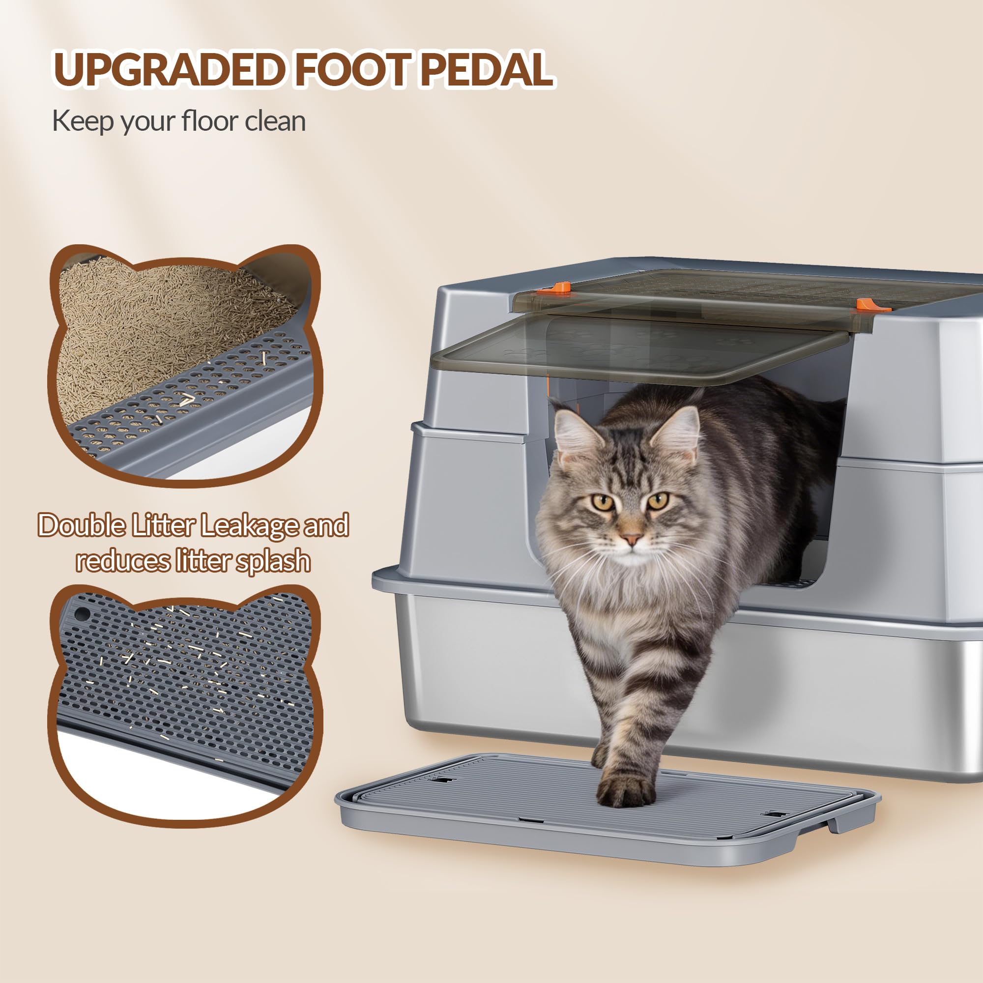Edelstahl Katzenklo mit Deckel XXXL, 70 x 50 x 45 cm, Dunkelgrau | Geschlossene Metall Katzentoilette, 105° Klappbar Deckel, Inklusive Pedal und Schaufel, Leicht zu Reinigen, Modulares Design