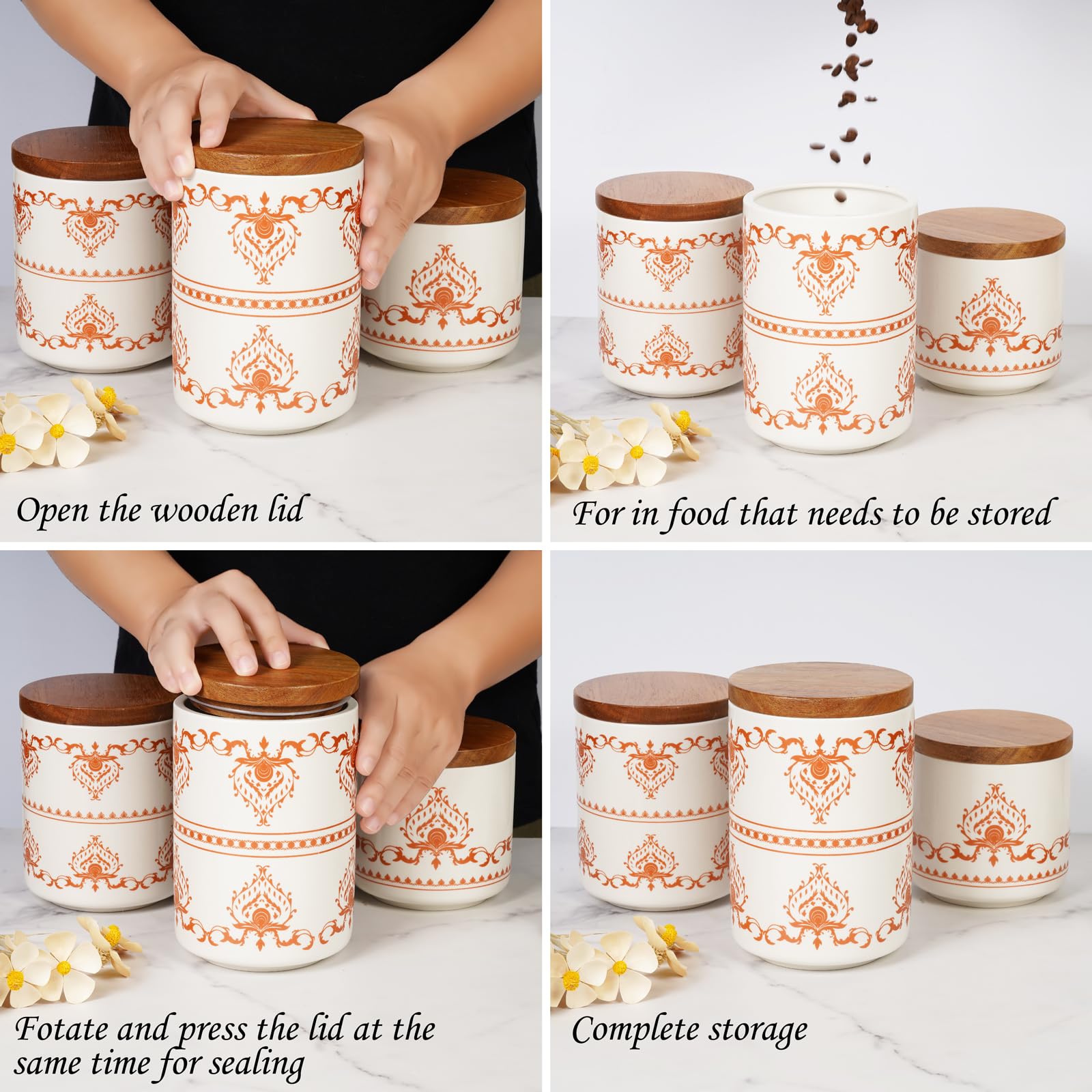 Juego De 3 Recipientes De Cerámica Con Tapa De Bambú - Para Café, Azúcar, Té, Diseño De Girasol, Ahorra Espacio