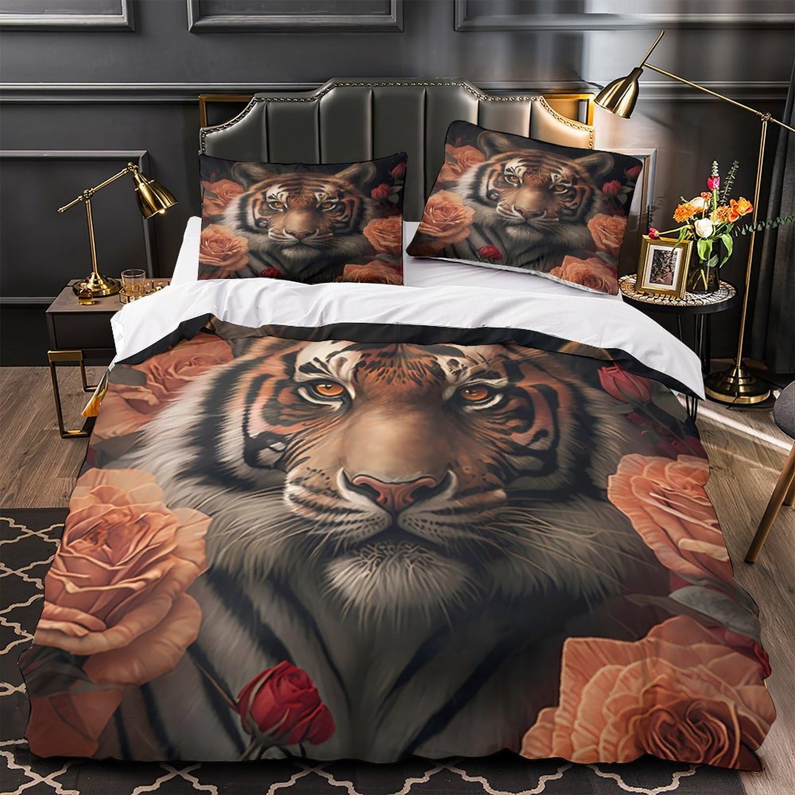 Housse de couette tigre 3D pour lit simple enfant fille garçon 135x200