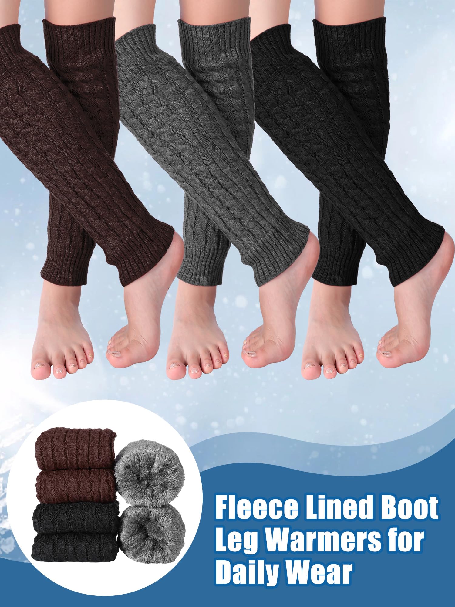 Chuarry 3 Pairs Winter Fleece Lined Leg Warmer for Women Skating Leg Warmer Long Boot Socks for Women Skating Every Day Wear: Brown, Black, Dark Gray 8 Figure Knit Pattern