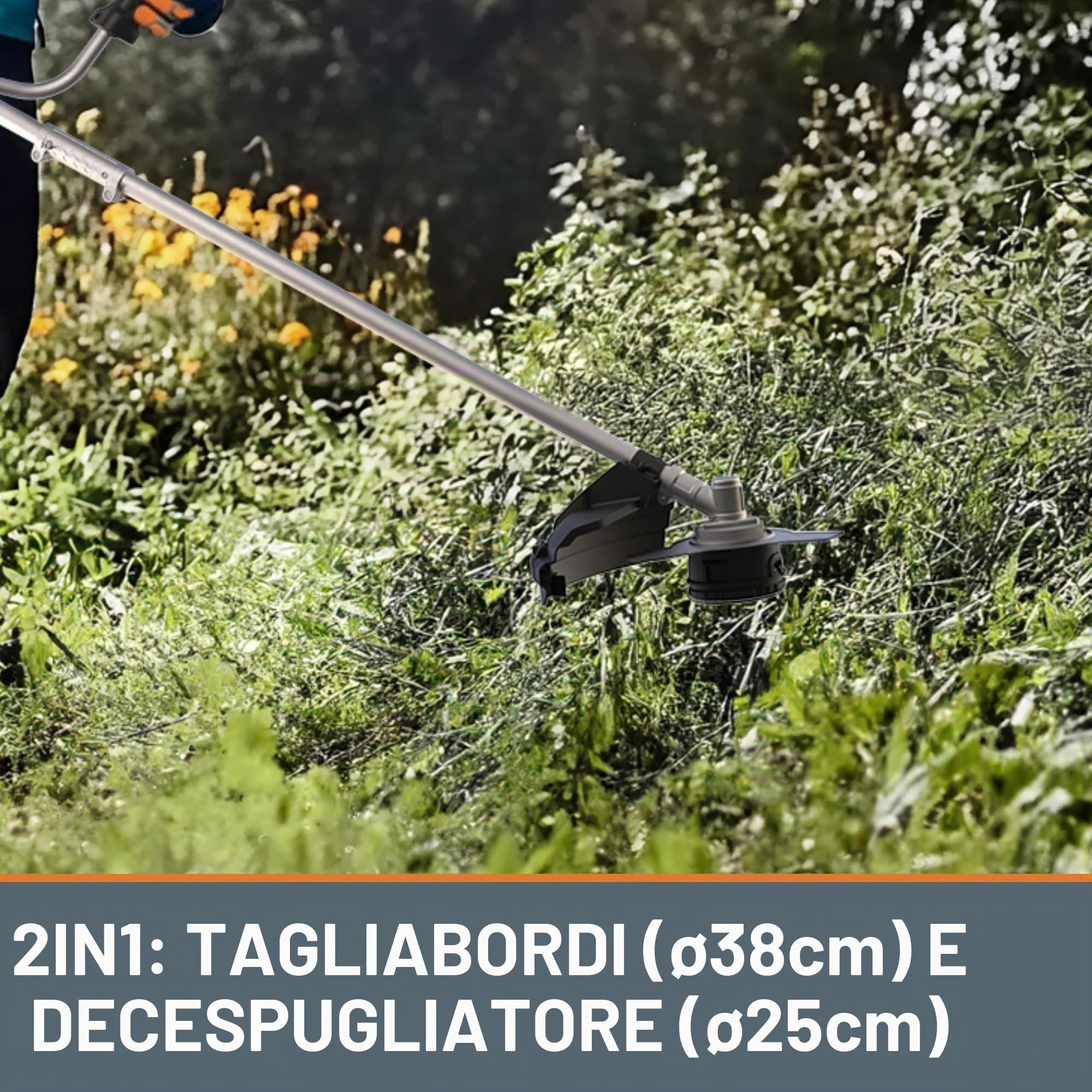 WORX WG084E.9 Decespugliatore a batteria, senza batteria e caricabatt. | Diametro di taglio 38 cm con filo e 25,5 cm con lama, impugnatura a due mani, doppio filo, design leggero e compatto