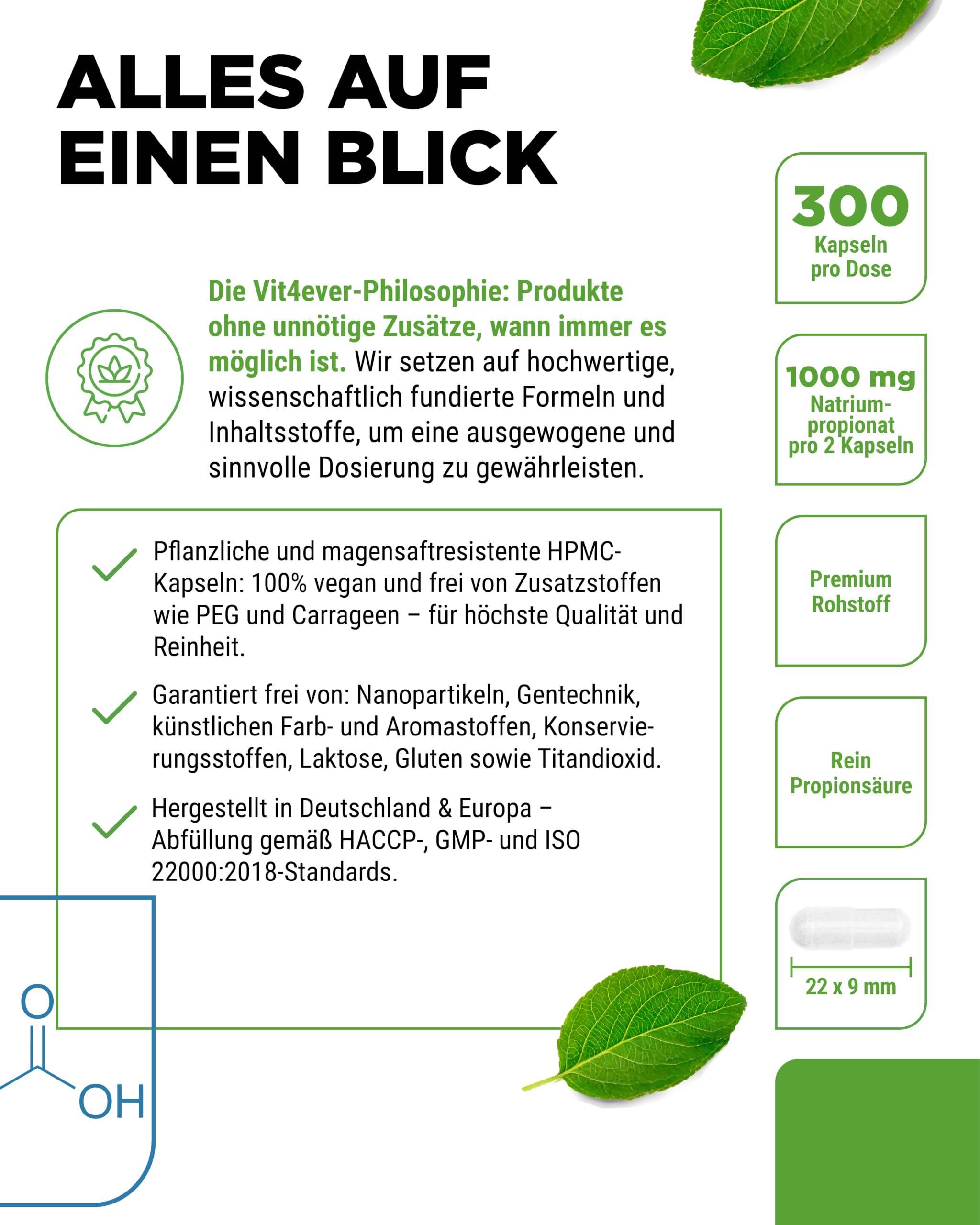 vit4ever Propionsäure (Natriumpropionat E281) - 300 vegane Kapseln | 500 mg pro Kapsel, Kurzkettige Fettsäure, Premium Qualität