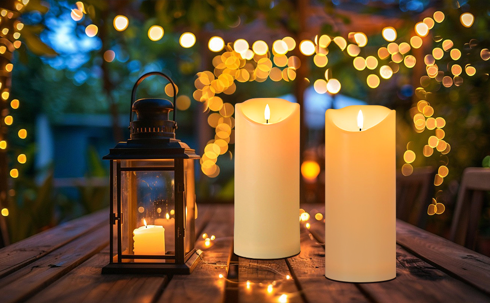 Image of Outdoor Flameless Candles with Remote 9X4 Inch Set of 2 | Warm Ivory Resin, Battery Operated Candles, 2 4 6 8 Hour Timers, Flickering LED Pillar Design for Covered Lanterns