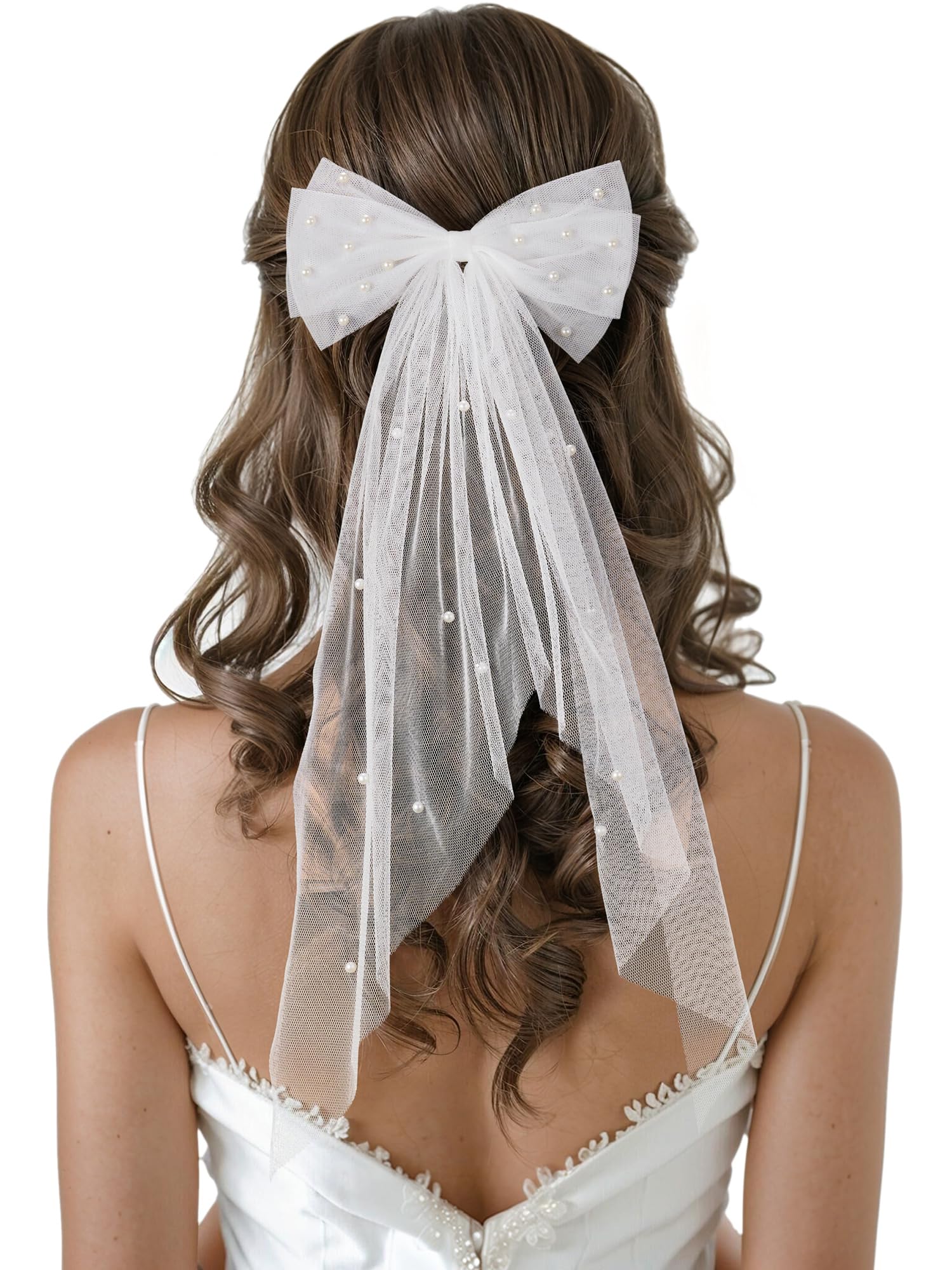 SWEETV Bridal Hair Bow Veil White Bow Clip Bachelorette Party Decorations Pearl Accessories Bride to Be Bridal Shower Gift