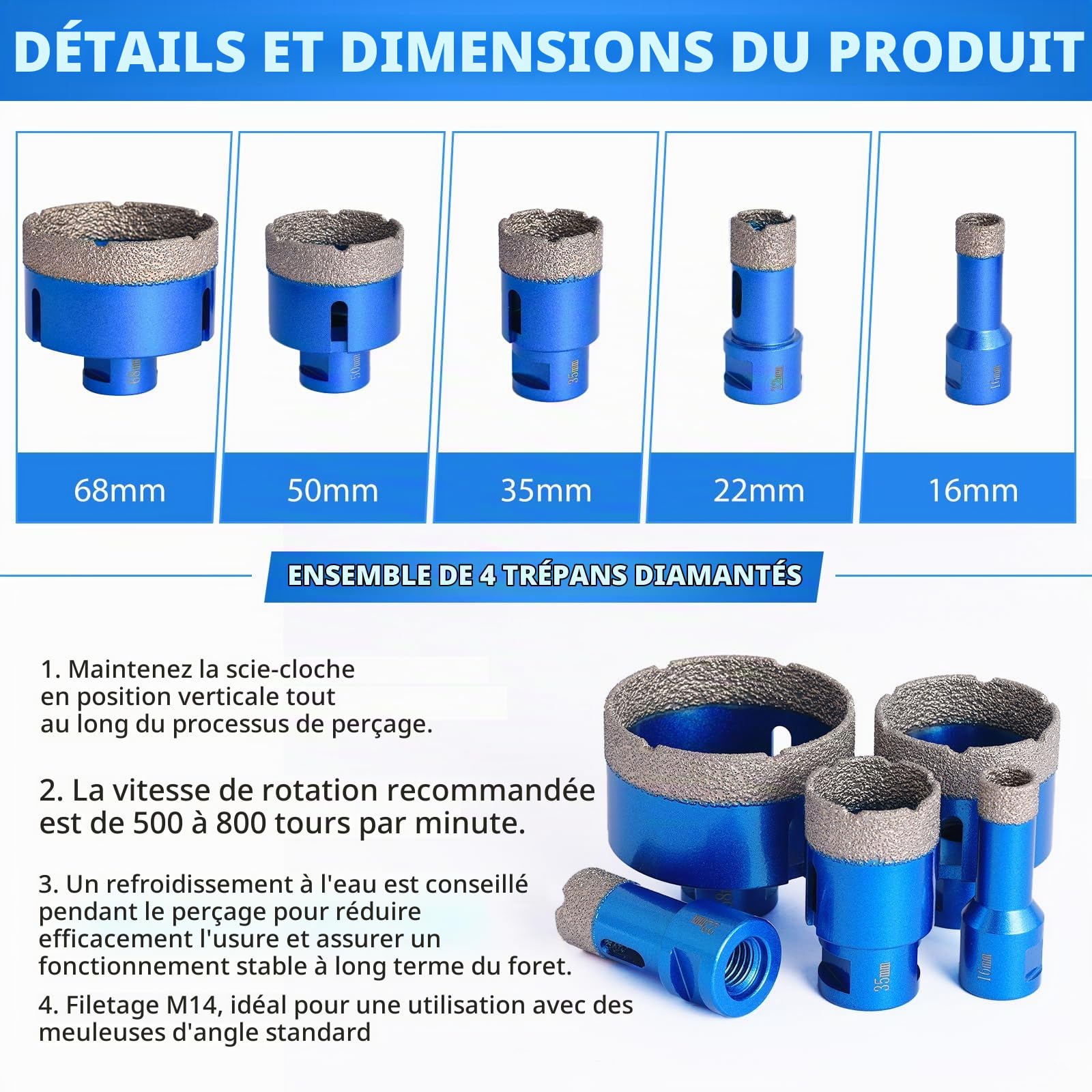 Lot de 5 M14 Foret Diamant Sec, Scie Cloche Diamantée16/22/35/50/68 mm