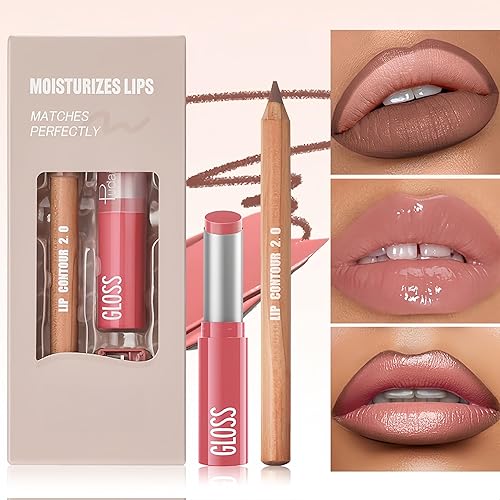 Miniatura 3 de Juego combinado de 2 delineadores de labios y lápiz labial, 2 en 2, impermeable, de larga duración, lápiz delineador de labios mate y brillo labial