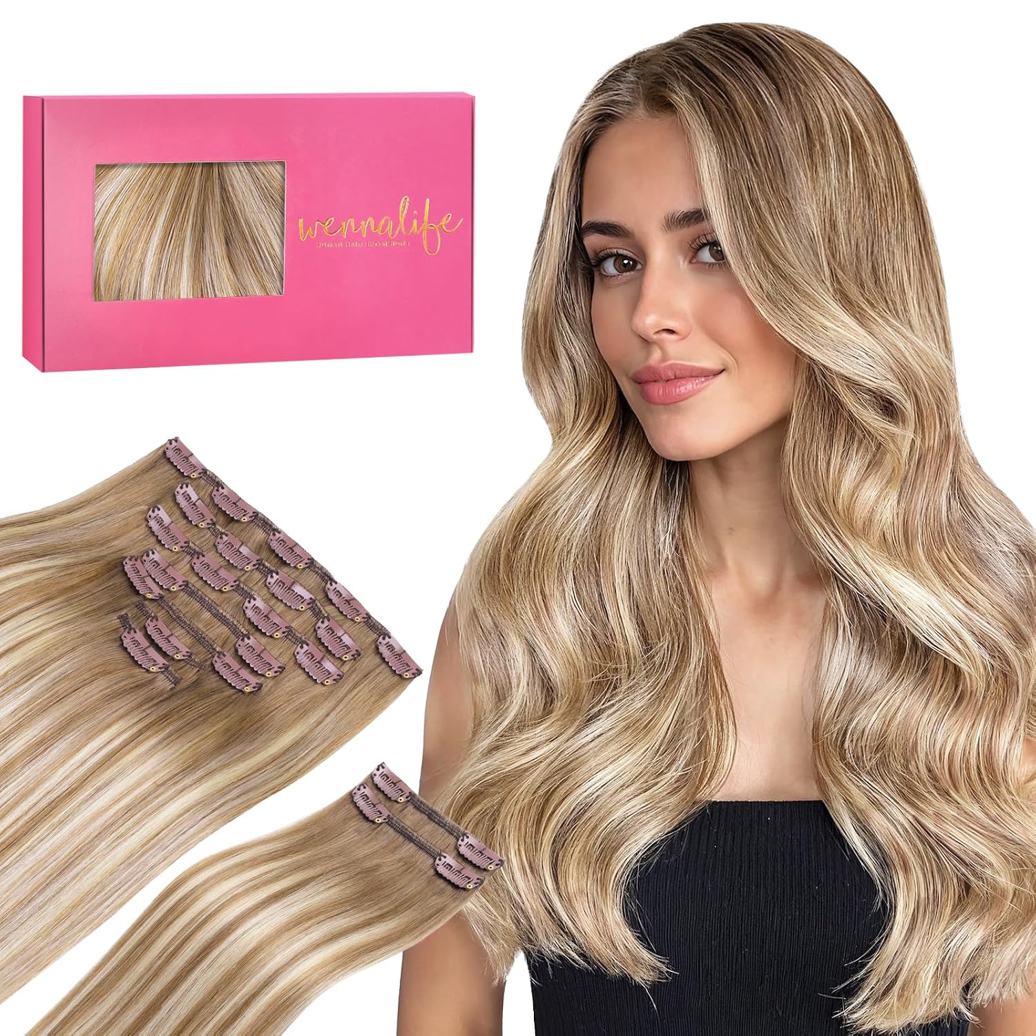 WENNALIFE Clip in Hair Extensions Real Human Hair, 22 Inch 150g 9pcs Human Hair Extensions Clip In Human Hair, Balayage Dirty Blonde with Platinum Ends Hair Extensions