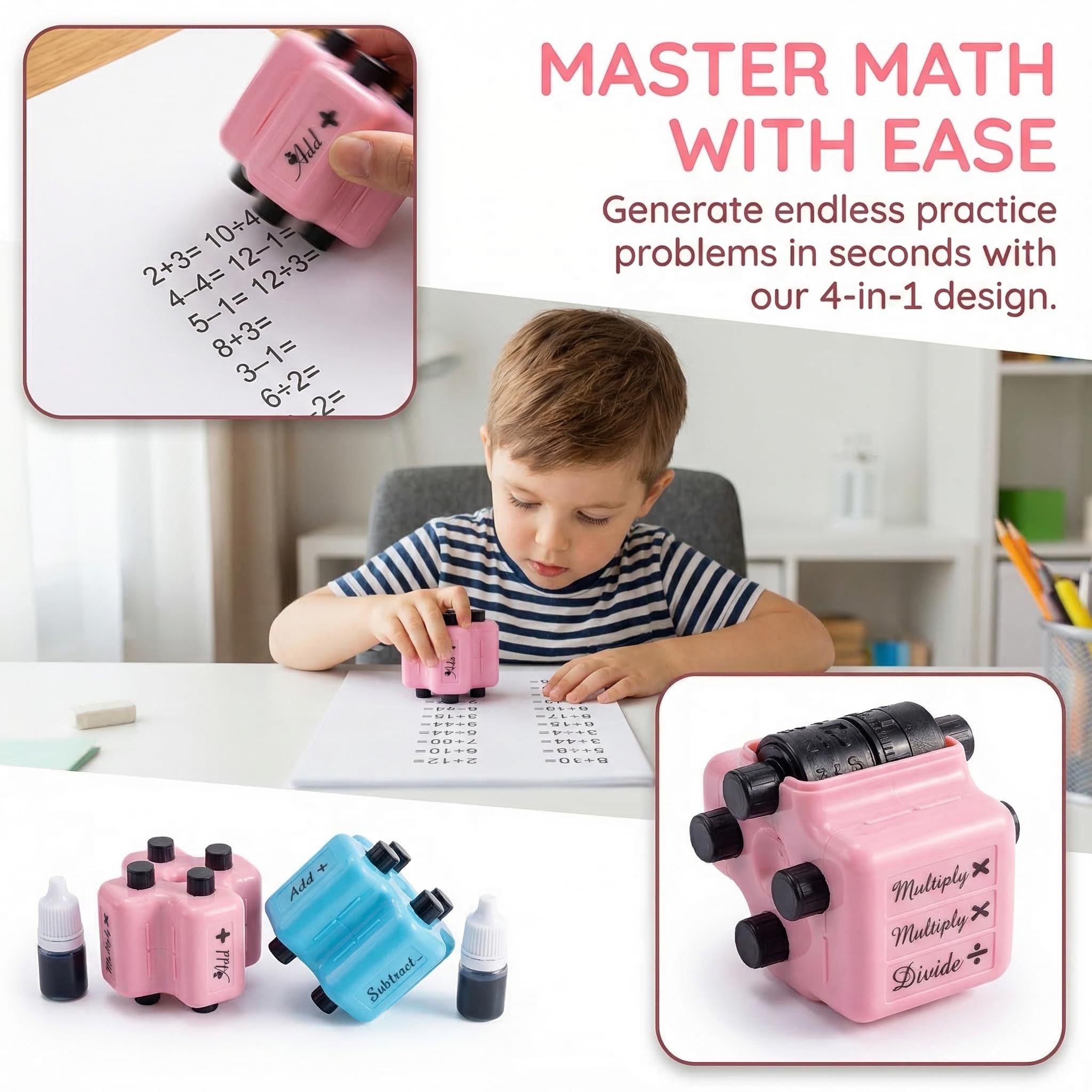 4-in-1 Maths Roller Stamp for Kids - Addition Subtraction Multiplication Division Math Stamp Roller | Reusable Educational Learning Tool & Practice Supplies for Preschool & Elementary Students (Pink)