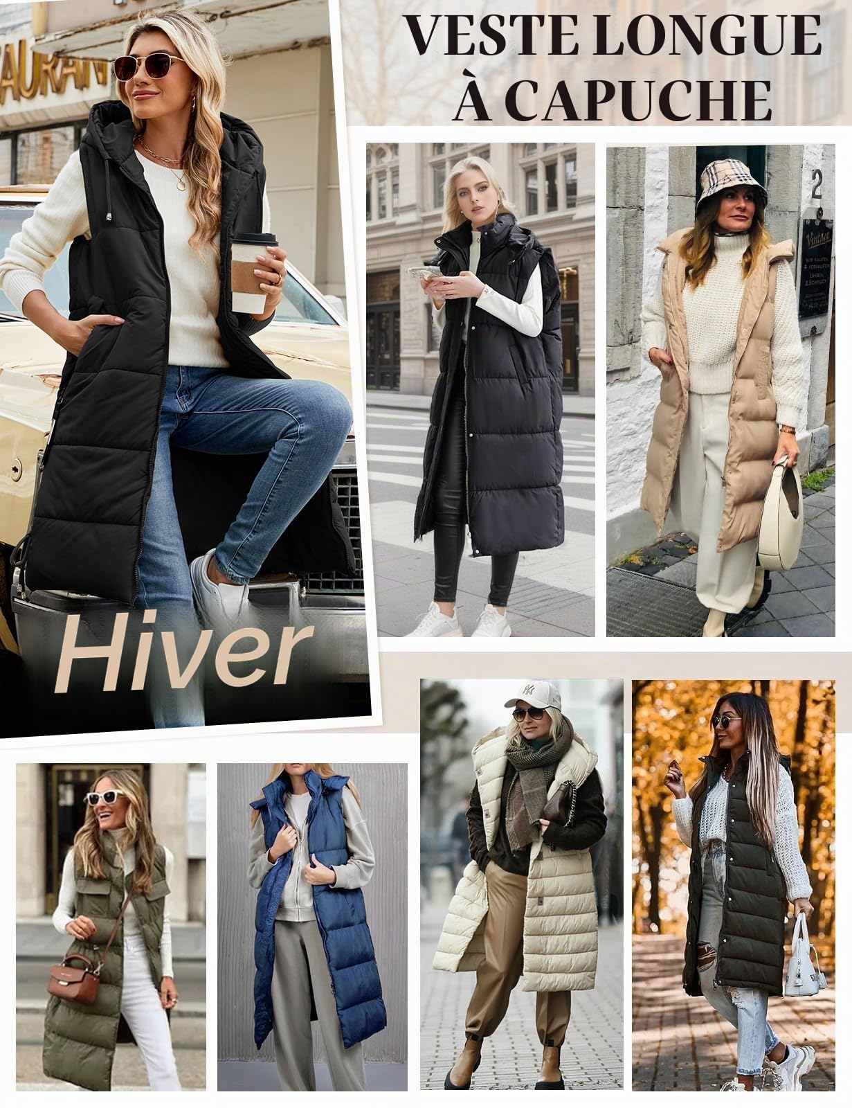 Vancavoo Doudoune Longue Sans Manche Femme,Veste Longue Sans Manche Manteaux Extérieure à Courtepointe Blouson Capuche Gilet Sans Manche Hiver