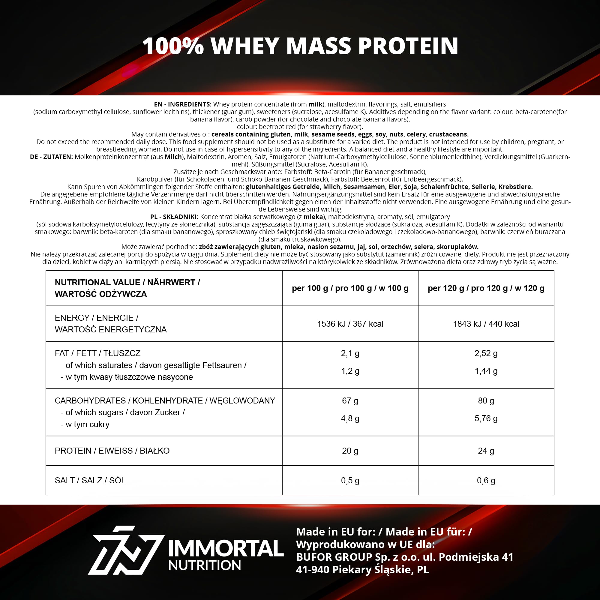 IMMORTAL NUTRITION Whey Mass Protein - Weight Gainer z koncentratem białka serwatkowego - 24 g białka i 80 g węglowodanów na porcję - Mass Gainer w proszku (3 kg, Czekolada)
