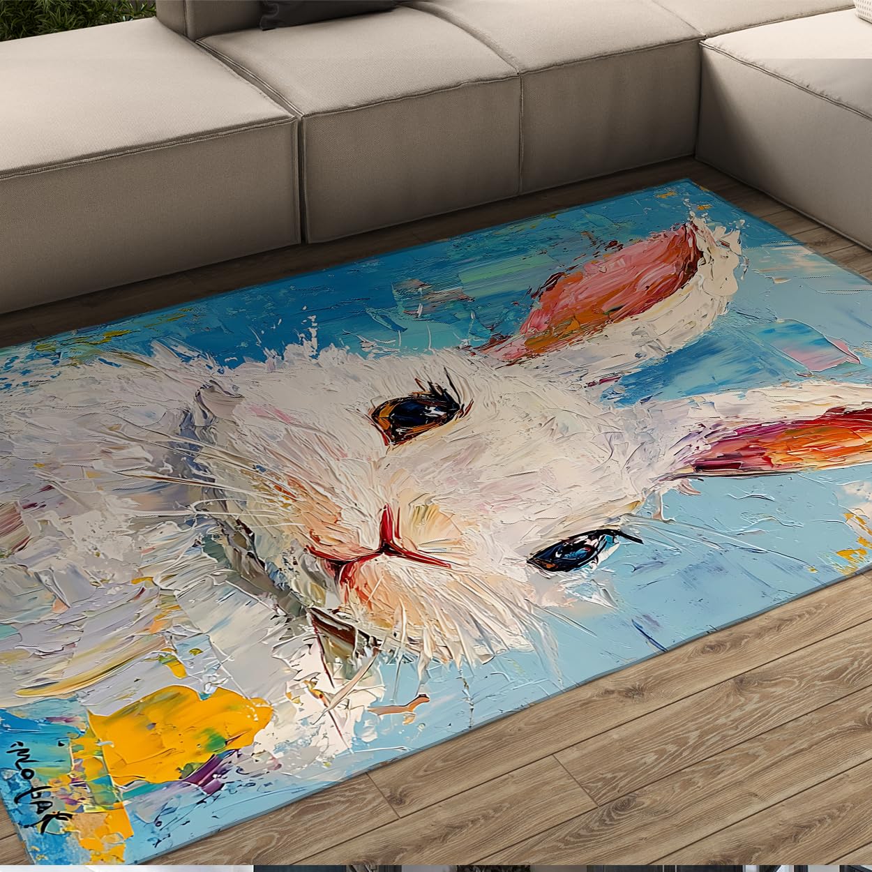 Tapis à poil bas impressionniste 80x120 cm peinture huile lapin pour déco salon