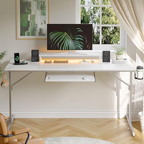 Miniatura 79 de Bestier Escritorio para juegos de 42 pulgadas con luces LED, mesa de juegos para computadora pequeña con estante para monitor, escritorio para Fibra