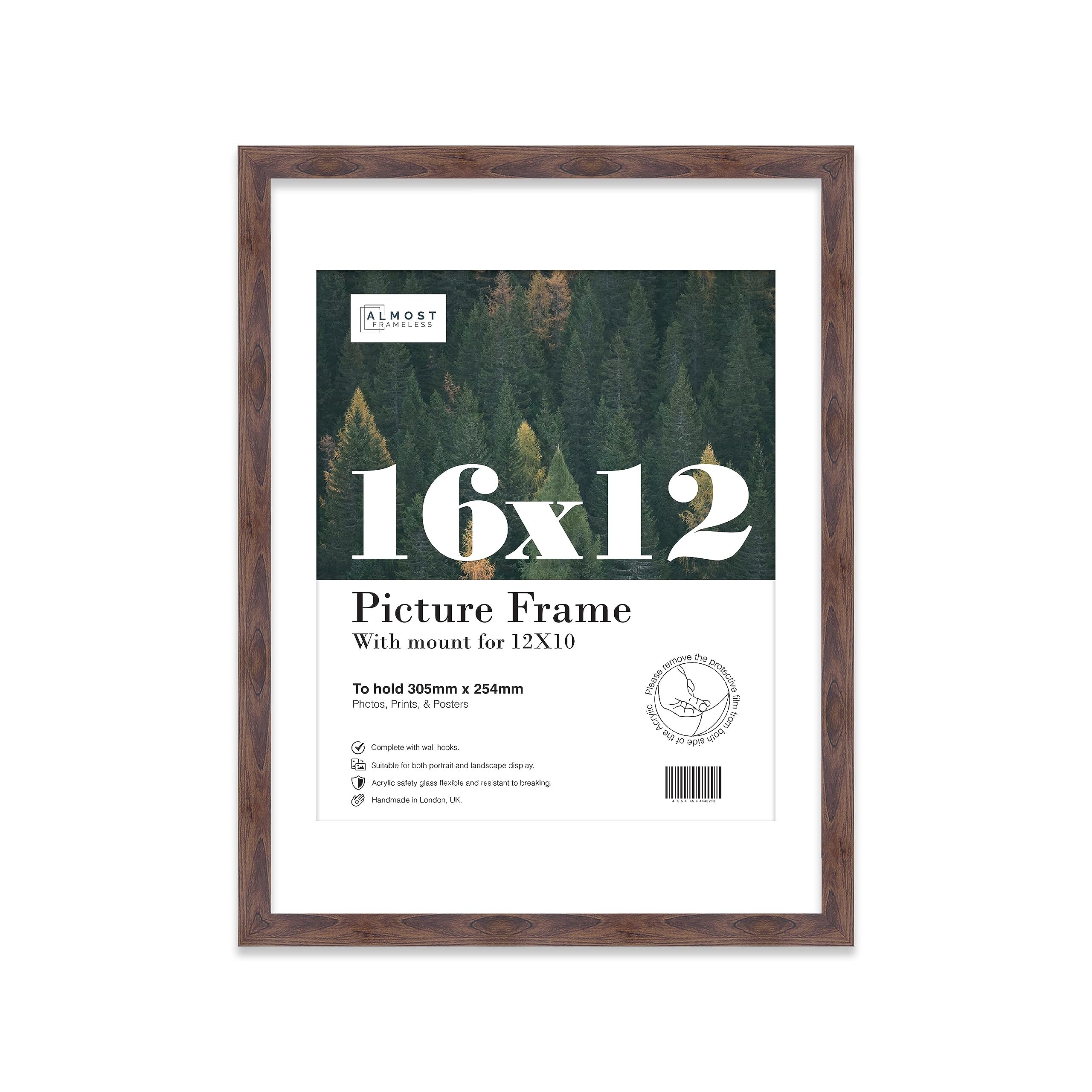 Almost Frameless 16x12 Walnut Picture Frame With Mount for 12x10 Print, Poster or Photo Poster, Photo, Artwork, or Print. Thin Edge Slim Frame Portrait and Landscape Display with Wall Hooks