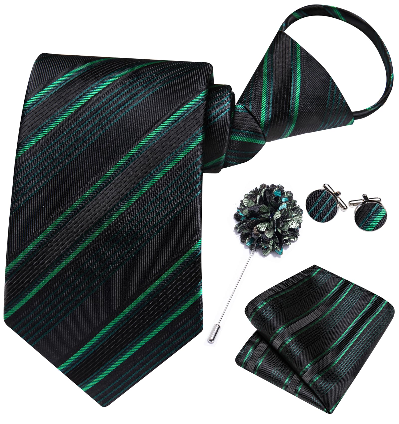 Hi-Tie Zipper Ties for Men Pre-tied Tie Set Lapel Pin Pocket Square and Cufflinks Formal Business Wedding Adjustable Necktie