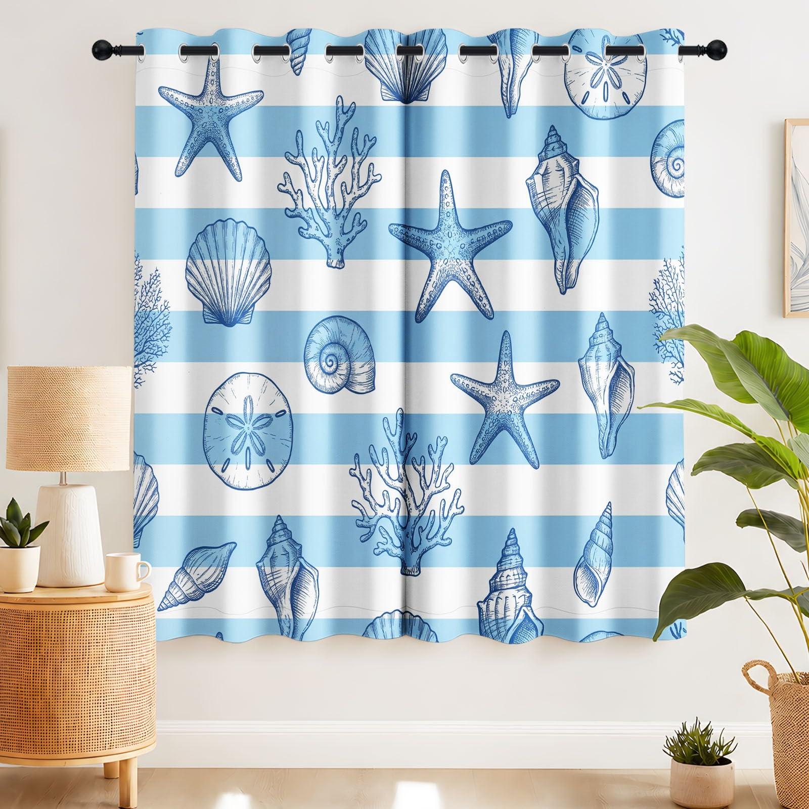 Generisch Termiczna ochrona przed wysoką temperaturą, morskie, relaksujące, nieprzejrzyste zasłony na przelotkach, zestaw 2 sztuk, wys. 175 x szer. 140 cm, morskie paski, zaciemniające, do salonu