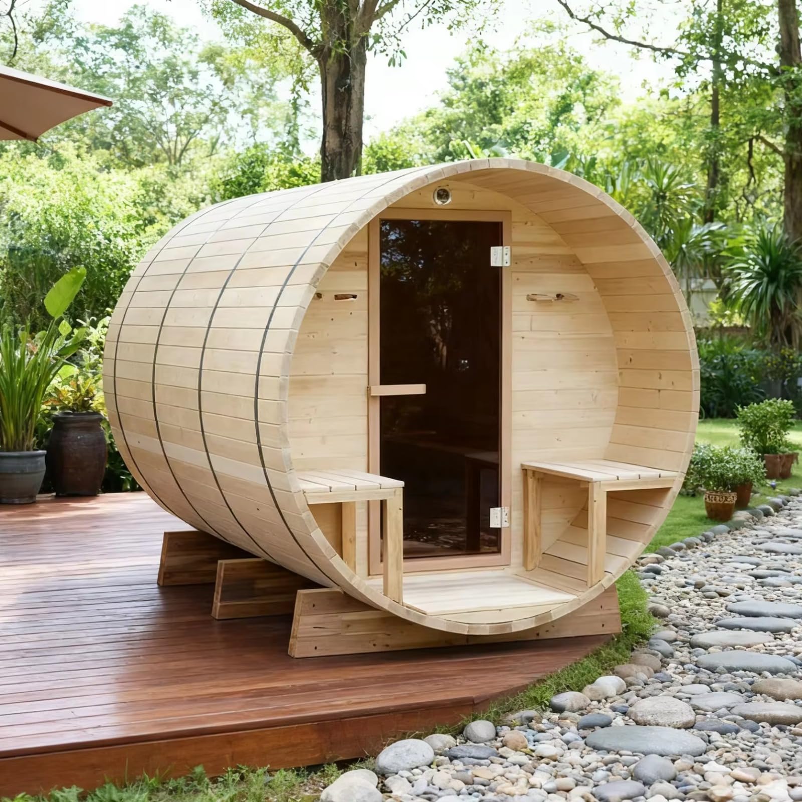 Sala sauna a infrarossi lontani con pannelli riscaldanti, porta in vetro temperato, sistema di controllo digitale per spa domestica e relax benessere