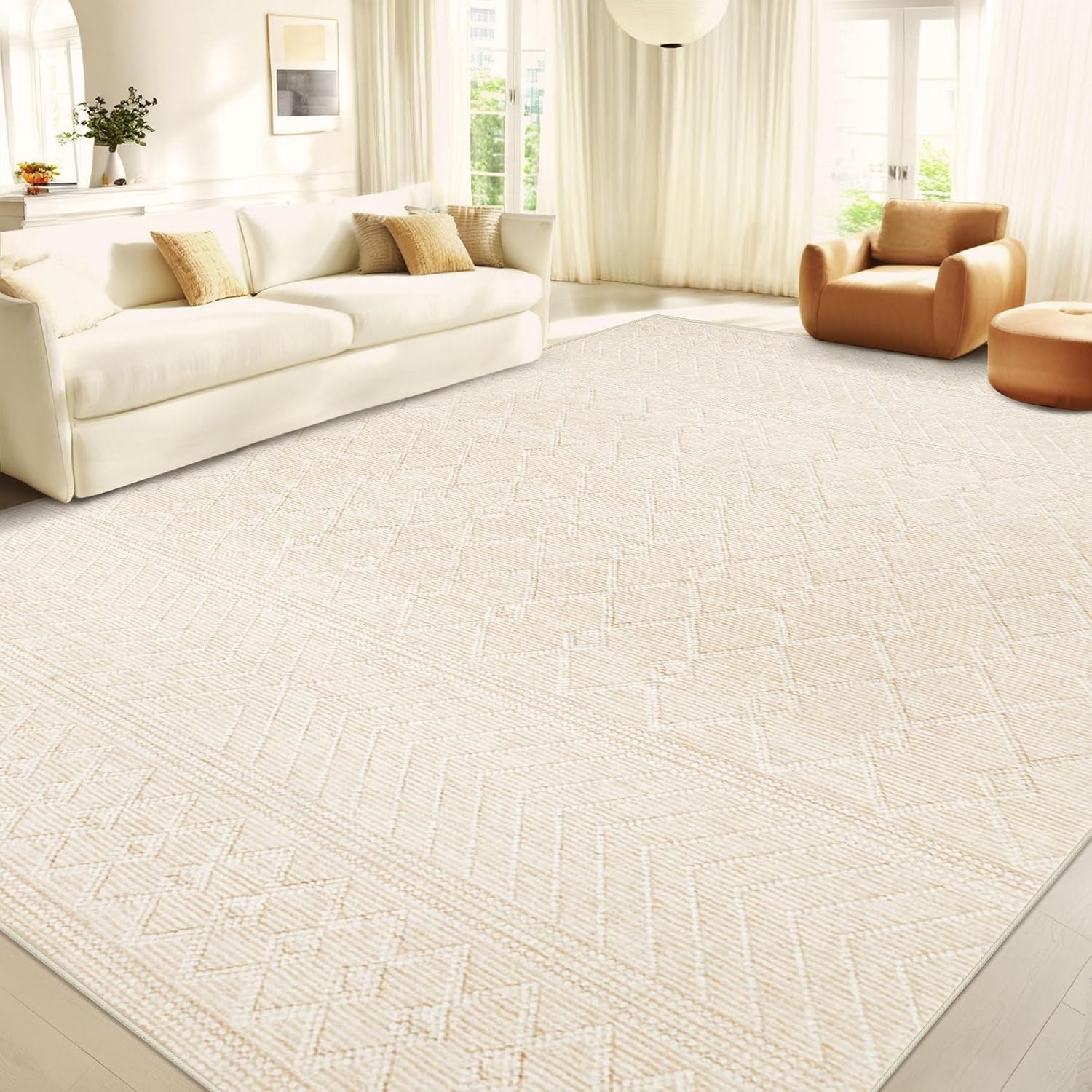 8x10 Area Rug Living Room: Washable Boho Geometric Moroccan Rug Neutral Modern Farmhouse Indoor Soft Non Slip Ultra Thin Large Printed Pattern Carpet for Bedroom Home Office (Beige, 8'x10')