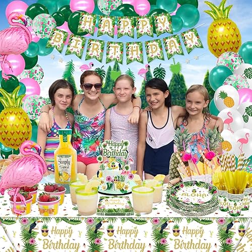 Miniatura 4 de 234 piezas hawaiana Aloha suministros de fiesta tropical Luau decoraciones de fiesta hawaiana decoración de fiesta de verano - Platos, pancarta,