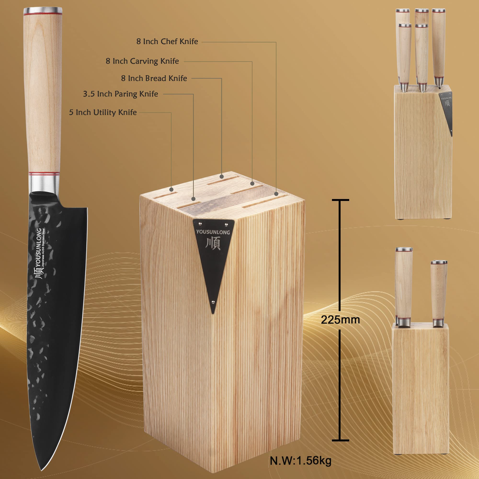 YOUSUNLONG Juego de cuchillos de cocina - 5 piezas - Acero de titanio negro AUS8 japonés - Bloque de cuchillos de madera natural Fraxinus Americana - Mango de arce canadiense