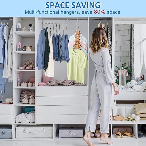 Miniatura 5 de Paquete de 6 perchas que ahorran espacio para ropa, resistente, capacidad de 30 libras, organizador de metal resistente con gancho giratorio de 360,