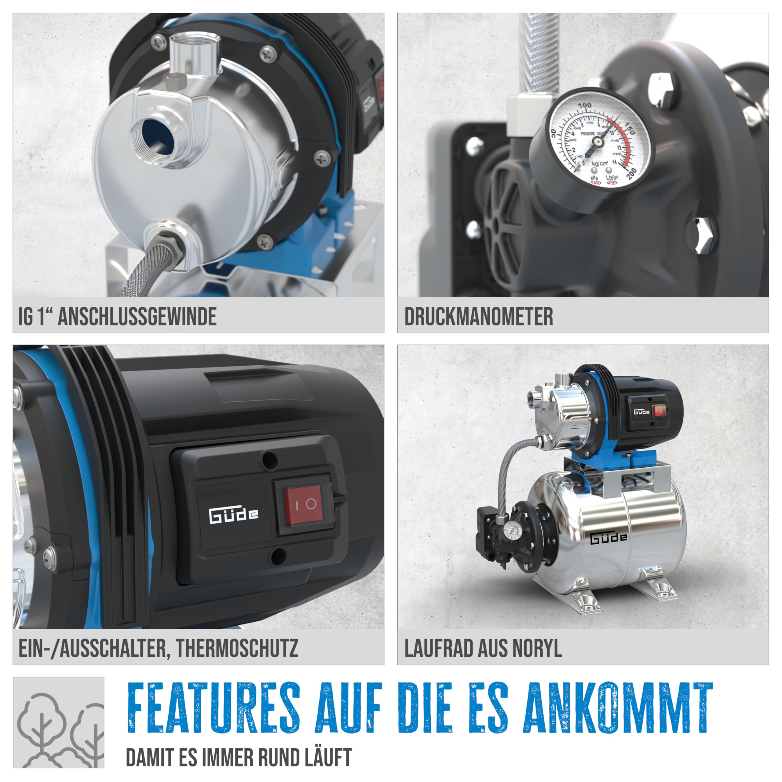 Güde Hauswasserwerk HWW 1000 ES (1000 W, 20 l Kesselinhalt, 3800 l/h Fördervolumen, 44 m max. Förderhöhe, 7 m max. Ansaughöhe, Noryllaufrad, Edelstahltank, Druckschalter, Thermoschutz, Druckmanometer)