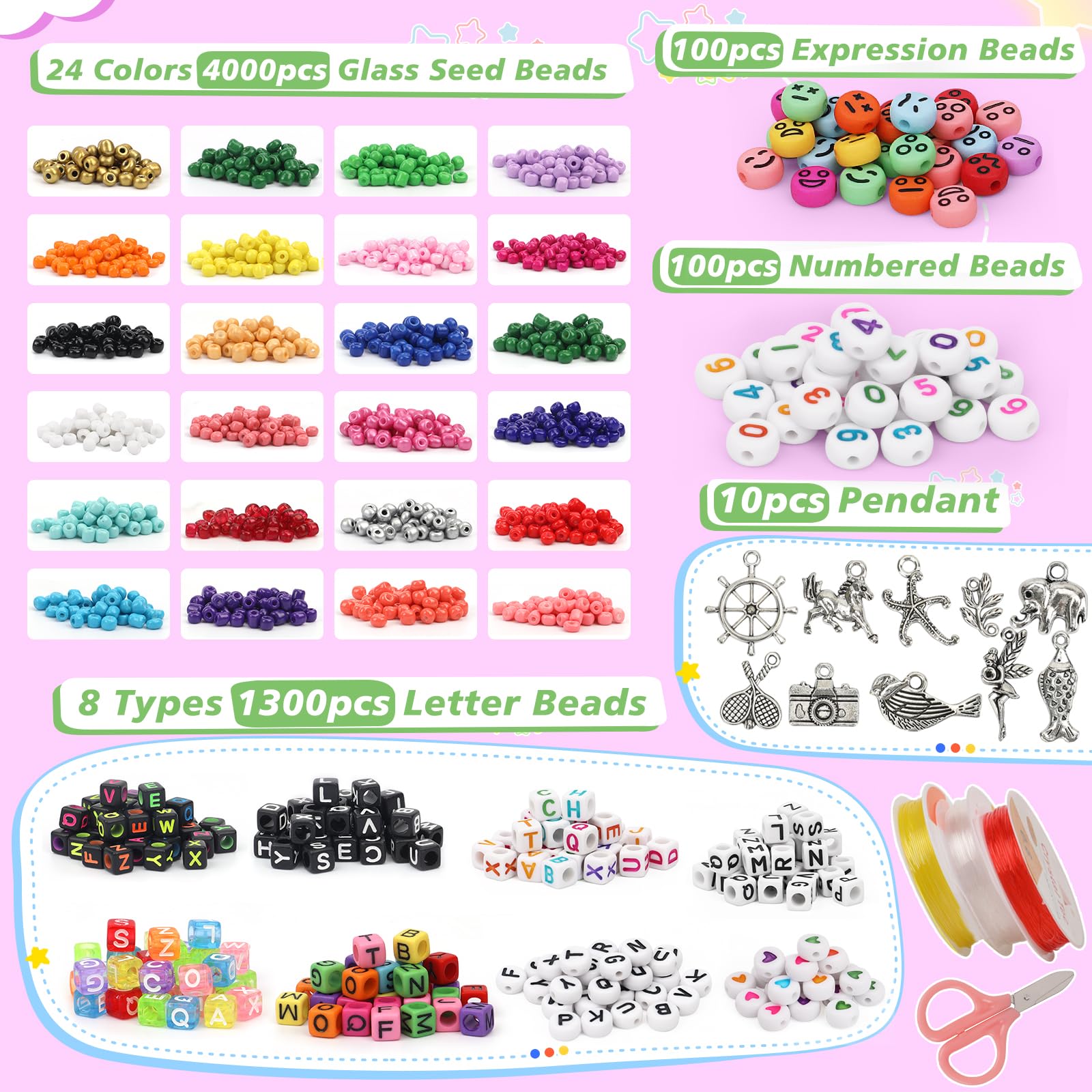 Volance 5500pcs kit Para Hacer Pulsera，Cuentas de colores de 4 mm y cuentas de letras，Cuentas Emoji，Números perlas，Para pulseras de la amistad, collares, llaveros y bisutería