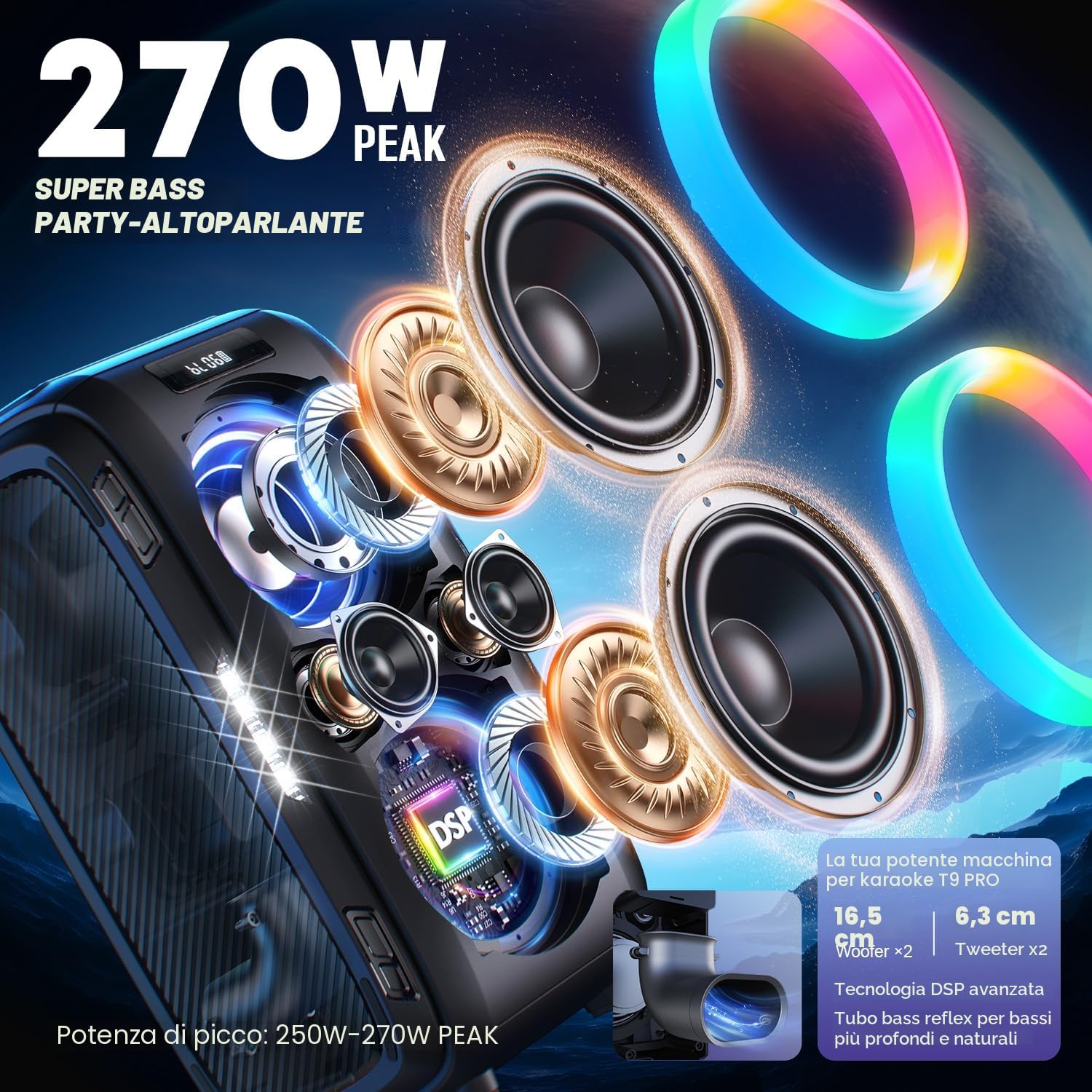 W-KING 270W PEAK Casse Bluetooth Potente Portatili Altoparlante Party Box | Cassa Portatile 125dB Forte, 12 Bassi Personalizzati, 2 Woofer 16,5cm Super Bass, MIC/GTR In, USB TF AUX Play,Batt Rimovibile