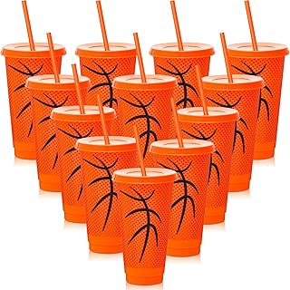 Uiifan 12 Pcs Plastic Basketball Party Favor Cups Bulk 24oz Reusable Tumbler with Lid and Straw for Team Coach Friend Fan Men Women Gifts Basketball Party Favor Decoration Supplies