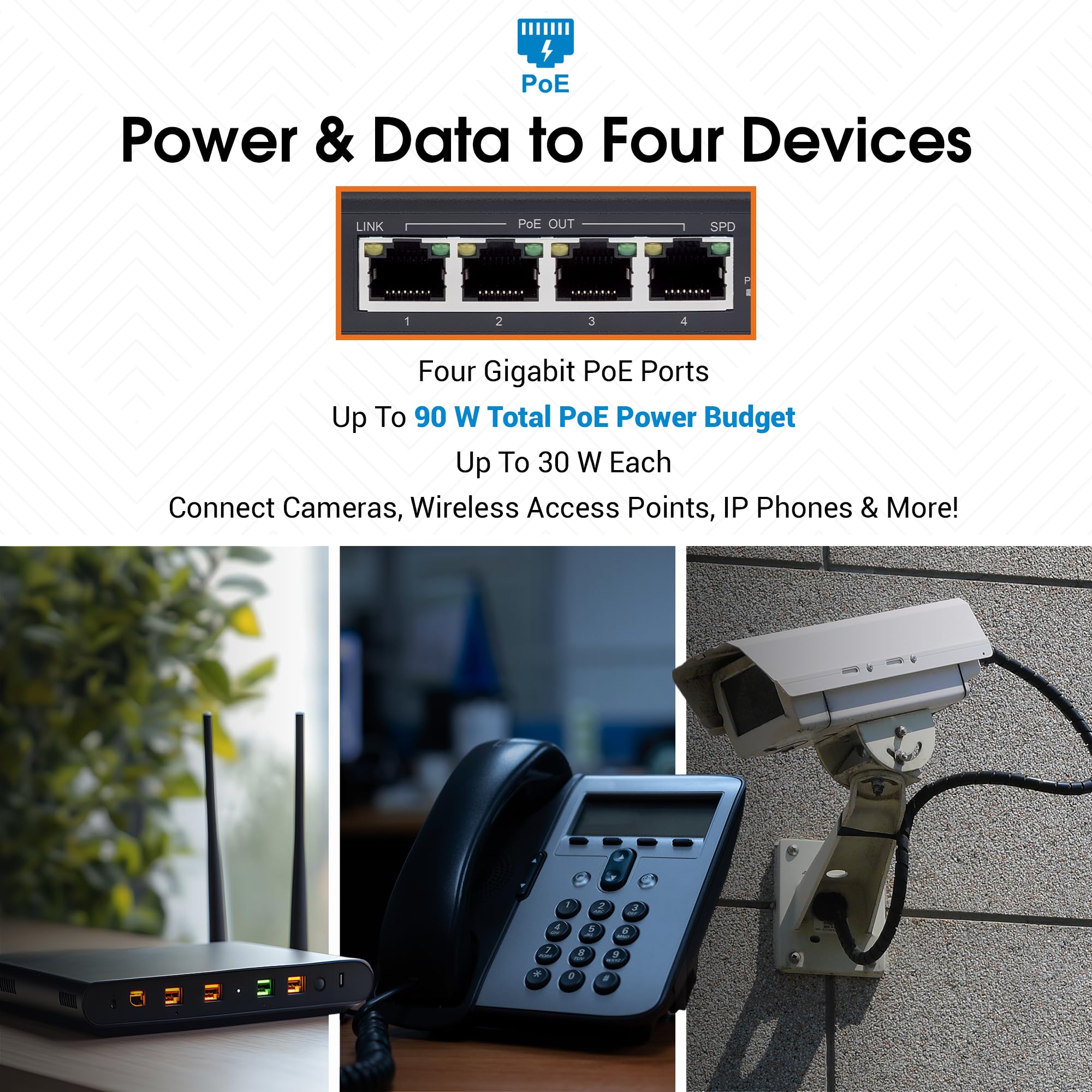 Intellinet Extensor Gigabit PoE++ de 4 Puertos – Presupuesto PoE de Salida de 90 W, extiende PoE hasta Otros 328 pies, silencioso sin Ventilador, Carcasa de Metal – 3 años de garantía Mfg – 561617