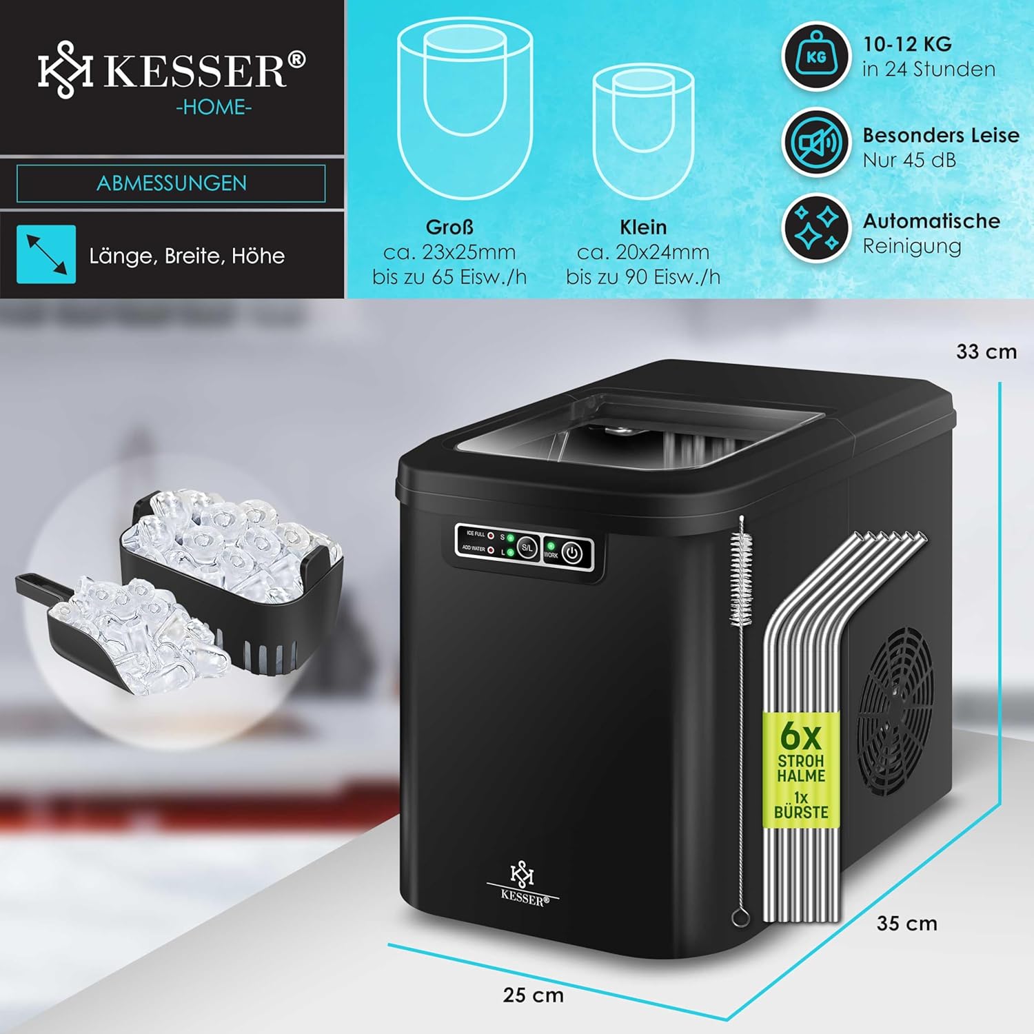 KESSER® Ice Maker | Ice Cube Maker Stainless Steel | Ice Maker | 12 kg 24 h | Bereiding in 7 min | 2,2 Liter waterreservoir | 2 maten ijsblokjes | LED Display | Zelfreinigende functie | (Zwart)