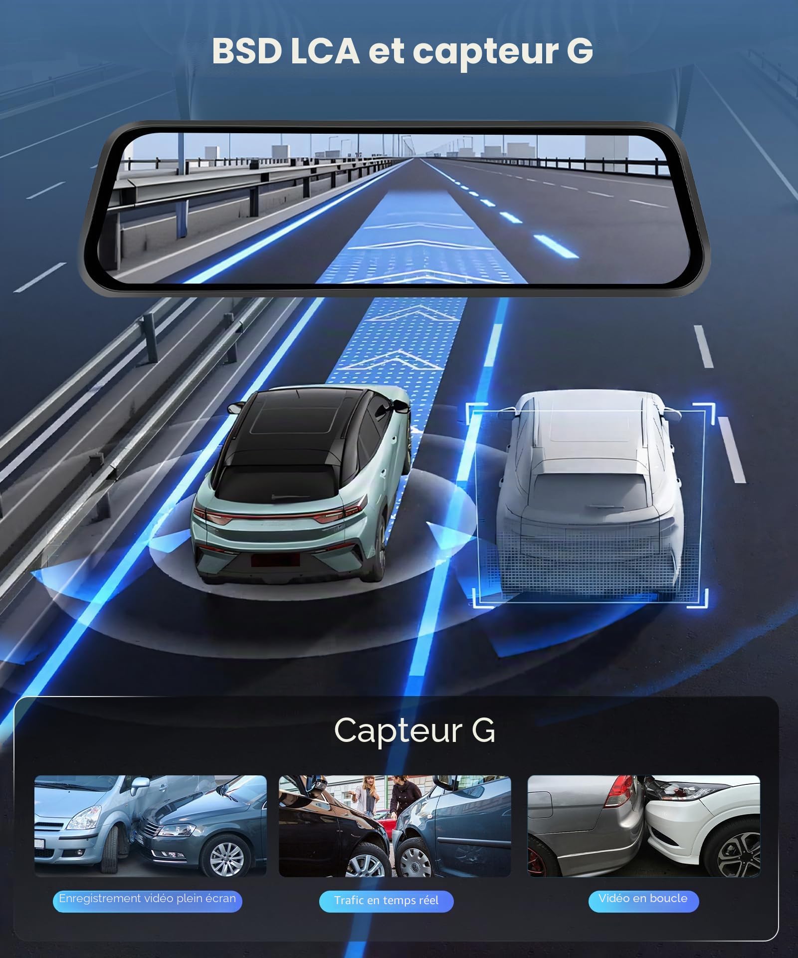 Rimoody 4K Rétroviseur Dashcam avec 1080P Caméra de Recul,9.66" Écran Tactile Avant et Arrière Double Lentille Dashcam Voiture HDR Vision Nocturne GPS/APP & WiFi Control/BSD & ADAS/Loop Video/G-Sensor
