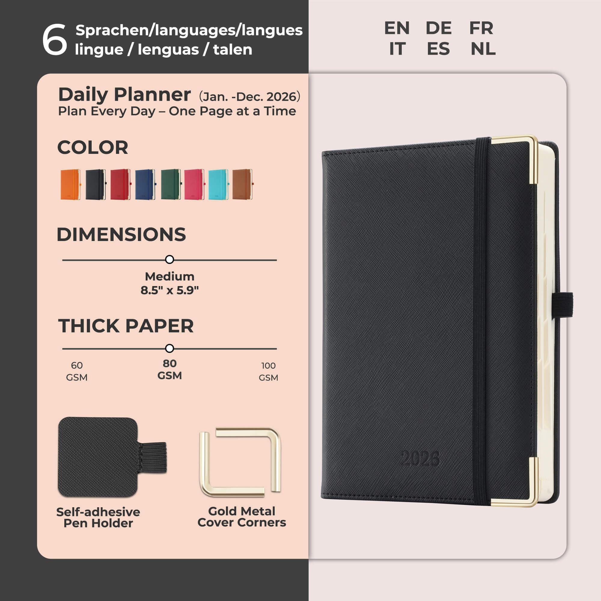 Agenda diaria 2026 de piel con tapa blanda, color negro