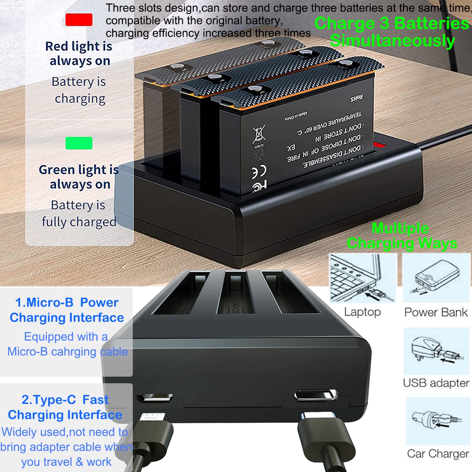 Batteria Caricabatterie Kit per Insta360 X3, 2 Batterie da 1800mAh e LED Caricatore per Insta360 X3/ One X3 Fotocamera