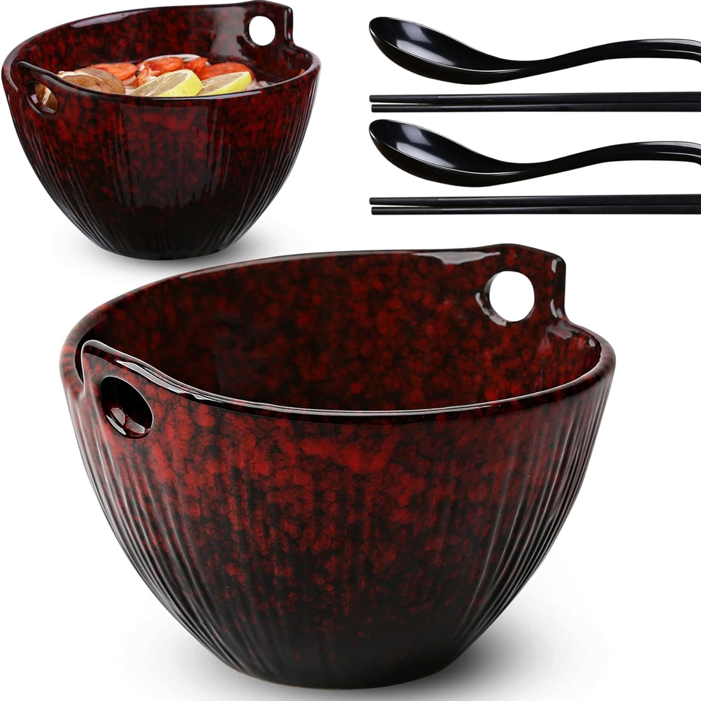 POECER Lot de 2 bols à soupe japonais en céramique avec baguettes et cuillères, passent au micro-ondes et au lave-vaisselle pour pâtes Pho Udon Soba, nouilles, salade, pâtes, cramoisi émaillés