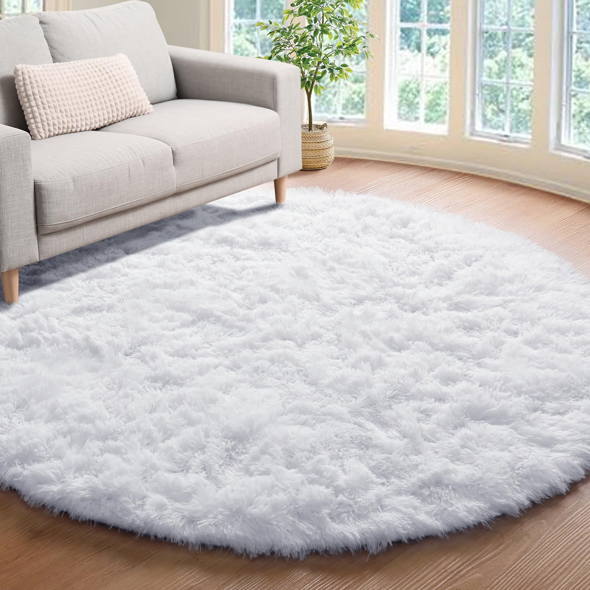 ONASAR White Round Area Rug 4ft, Soft Bedroom Circle Rugs Floor Mat for Kids Girls Boys Teen Room, Fuzzy Plush Shaggy Carpet for Baby Nursery Living