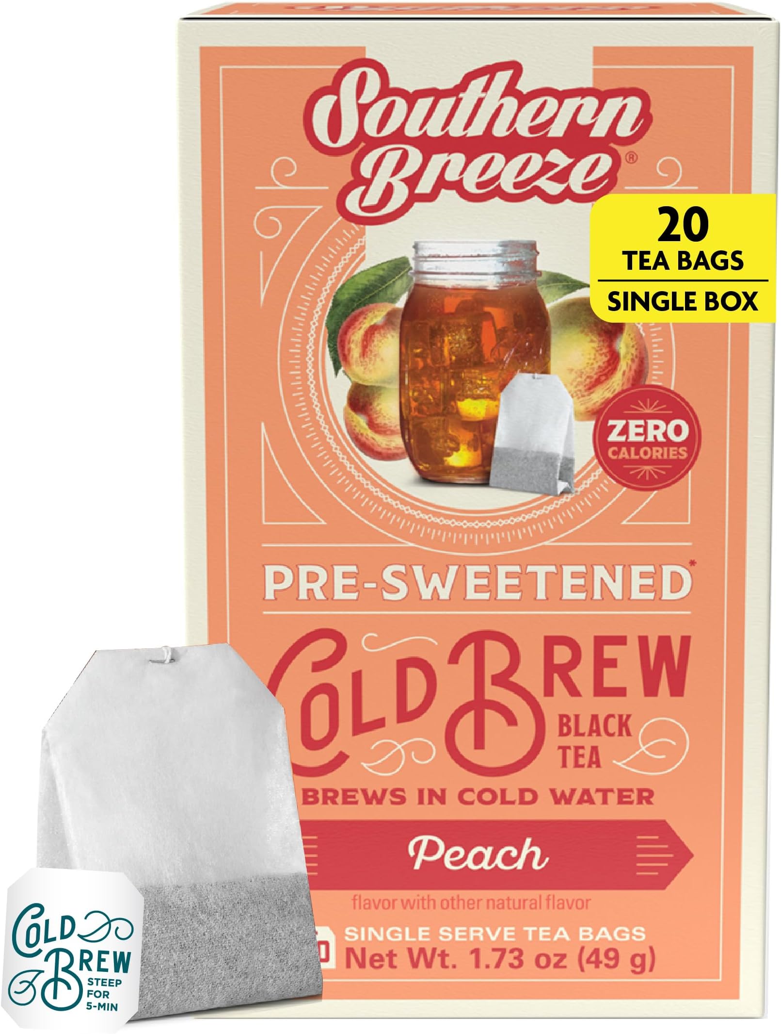 Cold Brew Sweet Tea Peach Iced Tea with Black Tea and Zero Carbs Zero Sugar, 20 Individually Wrapped Tea Bags Southern Sweet Tea Iced Tea Beverage