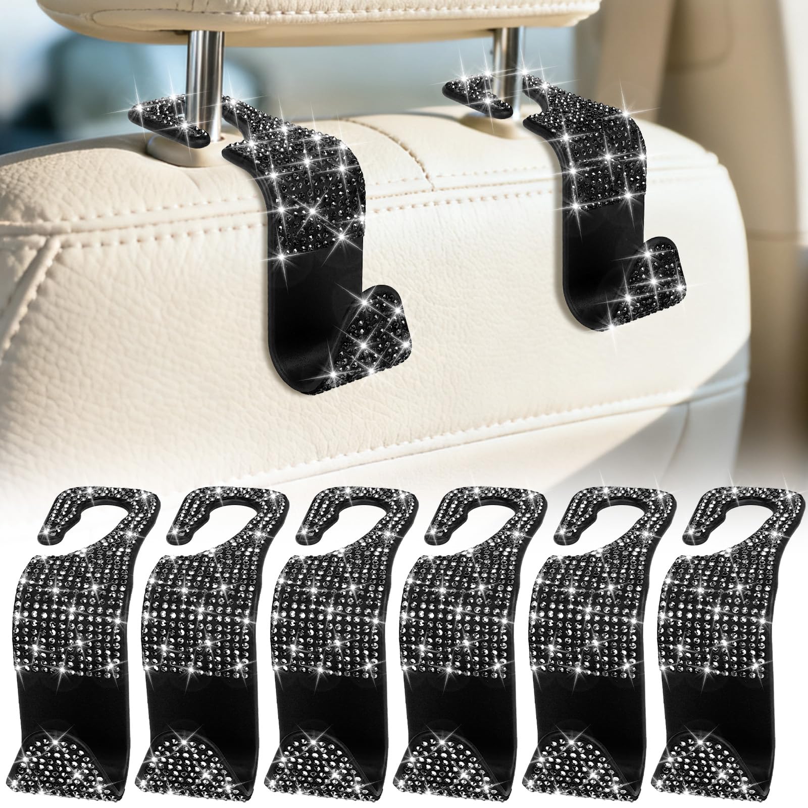BFXM 6 Pack Bling Car Seat Headrest Hooks, Rhinestone Purse Hook for Car, Universal Storage Organizer for Handbag Grocery Bags Coats, Bling Car