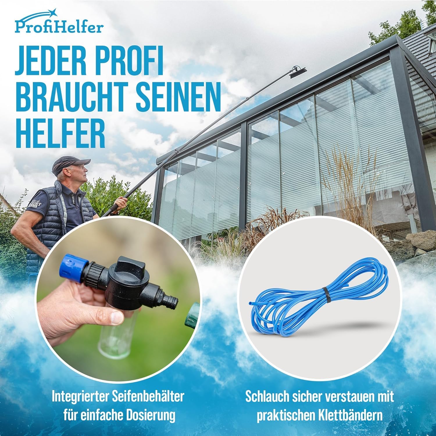 4,6m Teleskop Waschbürste - Teleskopstiel ausziehbar [4-in-1 10-TLG.] Reinigungsset Teleskopstange Fensterreinigung Wintergarten Wasseranschluss PV Anlage Reinigung