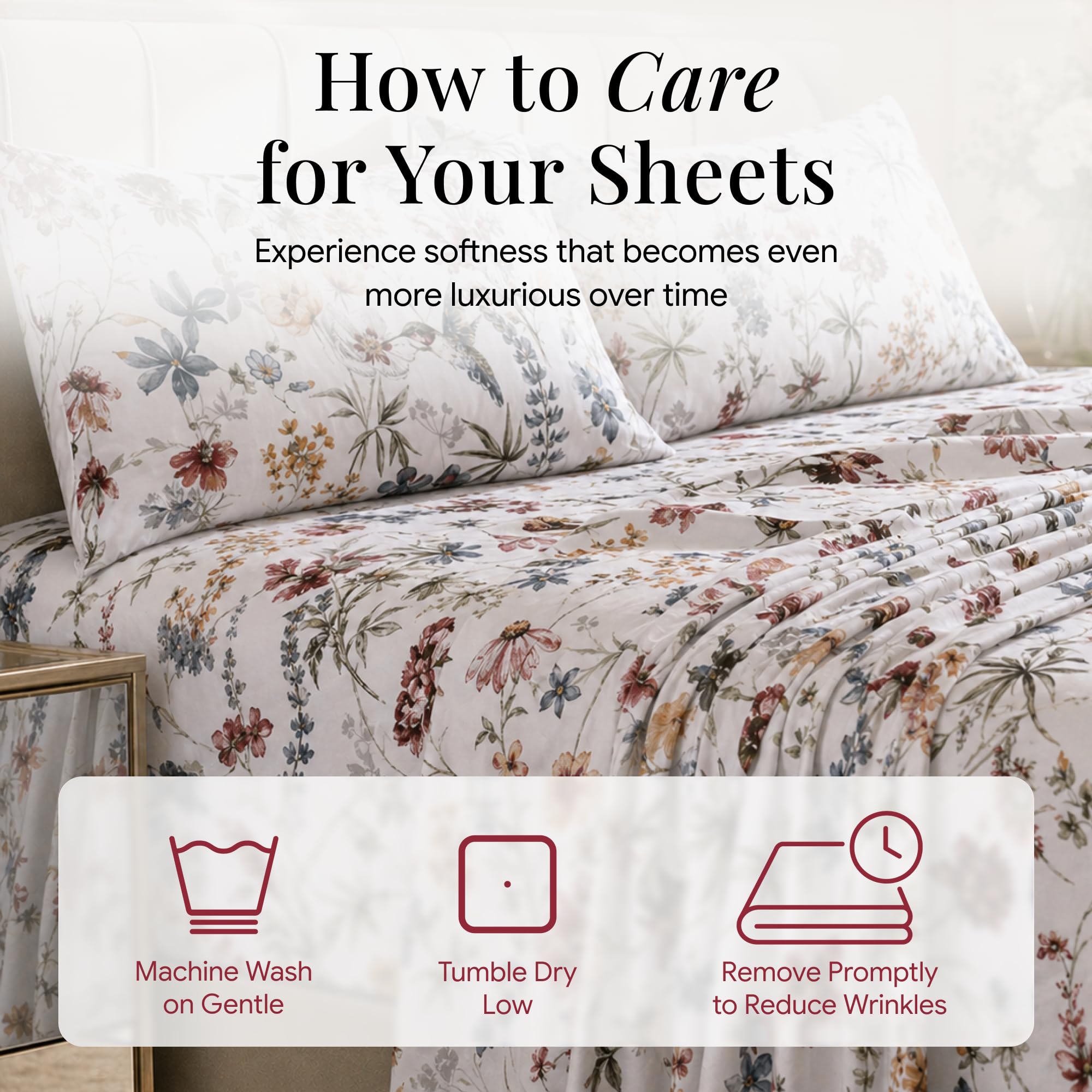 Tribeca Living Juego de sábanas tamaño King, satén de algodón suave de 300 hilos, estampado floral con bolsillos extraprofundos, juego de ropa de cama de 4 piezas, color rojo oscuro Amalfi, multicolor