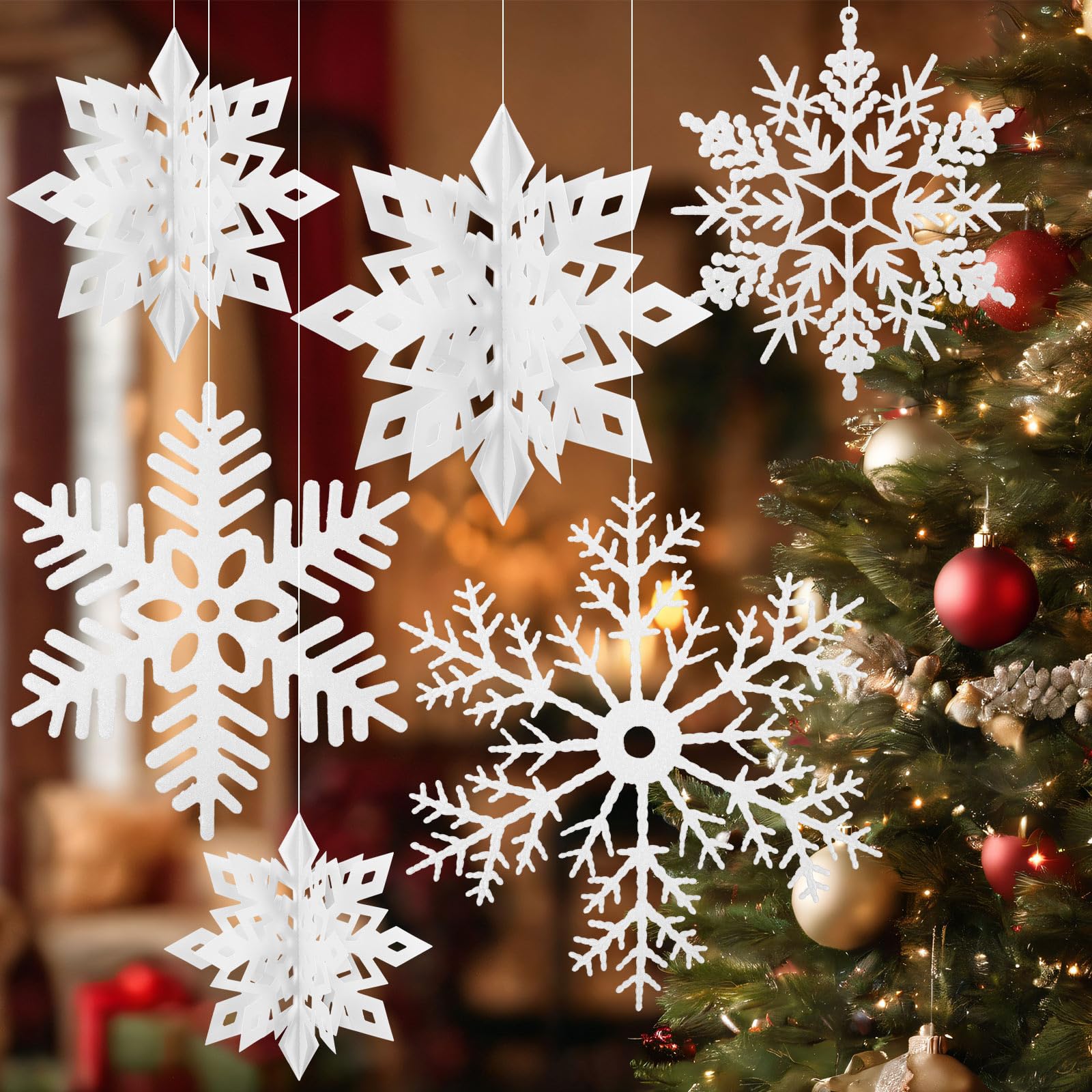 Hungdao Lot de 12 grandes décorations de Noël à suspendre en forme de flocon de neige 3D pailleté pour sapin de Noël, anniversaire, Nouvel An, 40,6 cm/30,5 cm/25,4 cm/17,8 cm/15,2 cm/15,2 cm (blanc)
